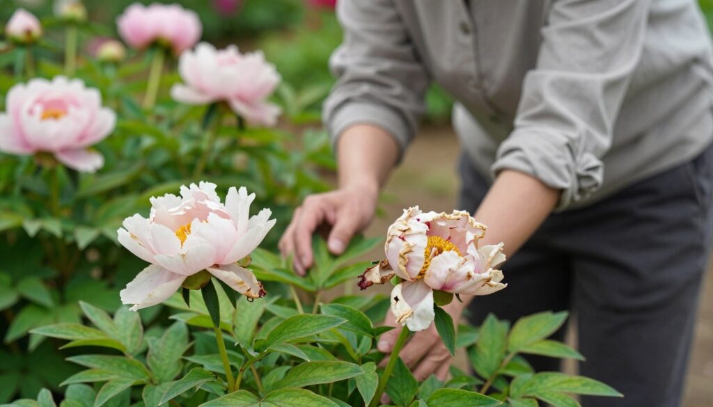 A close-up view of a peony garden highlighting common mistakes in peony care. In the foreground, showcase two wilted peonies with drooping petals, symbolizing neglect, along with improperly pruned stems. In the middle ground, a gardener, dressed in modest casual attire, is gently inspecting the plants, emphasizing proper care techniques. The background features lush green foliage and healthy peonies in full bloom, contrasting with the wilted ones. Soft, diffused natural light bathes the scene, creating a serene and educational atmosphere. The composition should focus on the contrast between healthy and unhealthy plants, conveying the importance of proper post-bloom maintenance without any text or overlays. A close-up view of a peony garden highlighting common mistakes in peony care. In the foreground, showcase two wilted peonies with drooping petals, symbolizing neglect, along with improperly pruned stems. In the middle ground, a gardener, dressed in modest casual attire, is gently inspecting the plants, emphasizing proper care techniques. The background features lush green foliage and healthy peonies in full bloom, contrasting with the wilted ones. Soft, diffused natural light bathes the scene, creating a serene and educational atmosphere. The composition should focus on the contrast between healthy and unhealthy plants, conveying the importance of proper post-bloom maintenance without any text or overlays.