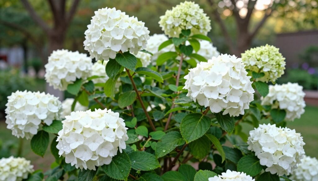 A close-up view of a vibrant hydrangea "Annabelle" bush in full bloom, showcasing its large, round clusters of white flowers contrasting against lush green foliage. In the foreground, delicate blossoms display their intricate textures and soft petals, glistening with morning dew. The middle layer highlights sturdy, well-trimmed branches, symbolizing the benefits of regular pruning for strong growth. In the background, a softly blurred garden setting with hints of blurred trees and soft sunlight filtering through leaves, creating a warm and inviting atmosphere. The lighting is natural, emphasizing the freshness and vitality of the flowers, captured from a slightly elevated angle to showcase their beauty and structure. The overall mood is serene and nurturing, reflecting the care taken in garden maintenance. A close-up view of a vibrant hydrangea "Annabelle" bush in full bloom, showcasing its large, round clusters of white flowers contrasting against lush green foliage. In the foreground, delicate blossoms display their intricate textures and soft petals, glistening with morning dew. The middle layer highlights sturdy, well-trimmed branches, symbolizing the benefits of regular pruning for strong growth. In the background, a softly blurred garden setting with hints of blurred trees and soft sunlight filtering through leaves, creating a warm and inviting atmosphere. The lighting is natural, emphasizing the freshness and vitality of the flowers, captured from a slightly elevated angle to showcase their beauty and structure. The overall mood is serene and nurturing, reflecting the care taken in garden maintenance.