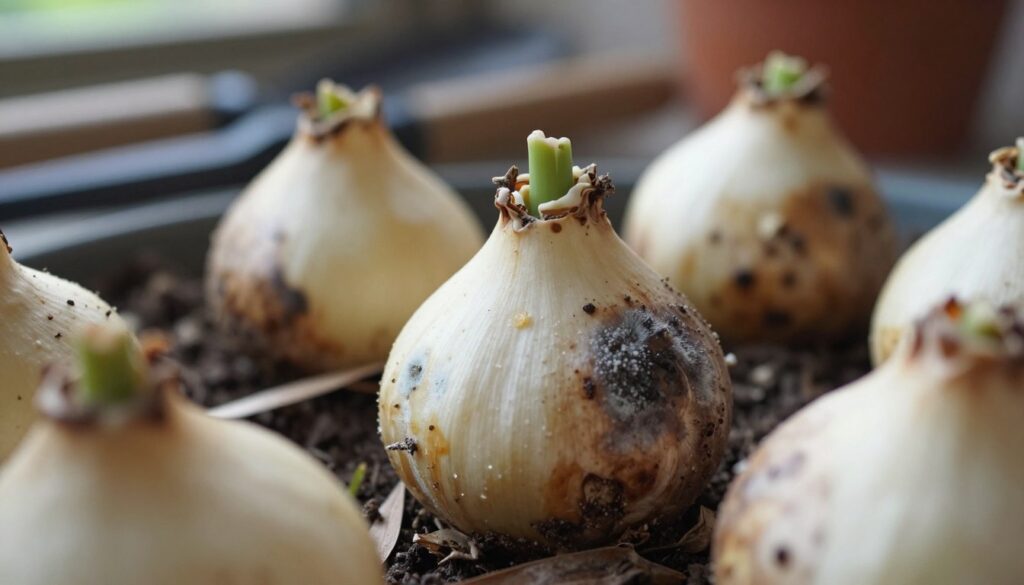 A close-up view of decaying tulip bulbs, showcasing their soft, mushy texture and subtle discoloration, highlighting the effects of rot and mold. In the foreground, emphasize the bulb's surface, revealing patches of white mold and dark, damp spots. In the middle ground, include a faint scattering of dried leaves and a hint of soil to indicate the environment they were stored in. The background should blur gently, featuring indistinct garden tools and a blurred out pot to suggest a garden setting. Soft, diffused natural light illuminates the scene from the left, casting gentle shadows and enhancing the mood of neglect, while a shallow depth of field draws attention to the bulb in focus. A close-up view of decaying tulip bulbs, showcasing their soft, mushy texture and subtle discoloration, highlighting the effects of rot and mold. In the foreground, emphasize the bulb's surface, revealing patches of white mold and dark, damp spots. In the middle ground, include a faint scattering of dried leaves and a hint of soil to indicate the environment they were stored in. The background should blur gently, featuring indistinct garden tools and a blurred out pot to suggest a garden setting. Soft, diffused natural light illuminates the scene from the left, casting gentle shadows and enhancing the mood of neglect, while a shallow depth of field draws attention to the bulb in focus.