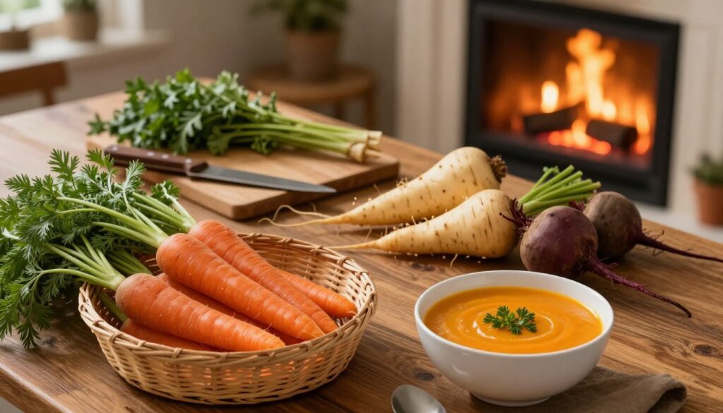 A cozy winter kitchen scene featuring an array of root vegetables such as carrots, beets, parsnips, and turnips, artfully arranged on a rustic wooden table. In the foreground, a woven basket filled with freshly harvested vegetables sits beside a bowl of vibrant orange carrot soup, lightly garnished. The middle ground displays a cutting board with a knife and a variety of herbs, while a warm, inviting fireplace flickers softly in the background, casting a gentle glow. The lighting is warm and inviting, creating a sense of homeliness. The atmosphere is tranquil and serene, evoking the concept of a nourishing winter diet centered around seasonal produce. Capture this scene from a slight top-down angle to showcase the entire spread beautifully. A cozy winter kitchen scene featuring an array of root vegetables such as carrots, beets, parsnips, and turnips, artfully arranged on a rustic wooden table. In the foreground, a woven basket filled with freshly harvested vegetables sits beside a bowl of vibrant orange carrot soup, lightly garnished. The middle ground displays a cutting board with a knife and a variety of herbs, while a warm, inviting fireplace flickers softly in the background, casting a gentle glow. The lighting is warm and inviting, creating a sense of homeliness. The atmosphere is tranquil and serene, evoking the concept of a nourishing winter diet centered around seasonal produce. Capture this scene from a slight top-down angle to showcase the entire spread beautifully.
