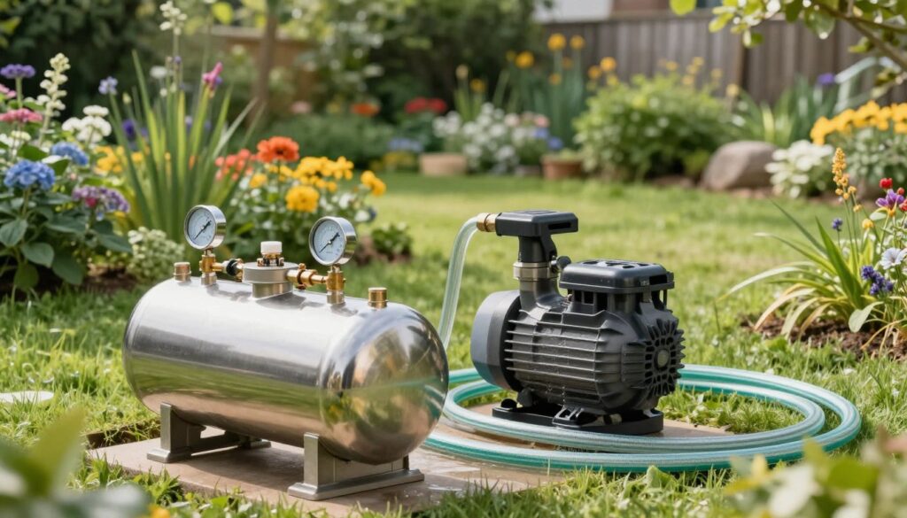 A detailed and professional hydrofor pump system in a garden setting, showcasing various components such as a pressure tank, water pump, and hose connections. In the foreground, highlight the shiny, stainless-steel pressure tank with visible pressure gauges and input/output valves. In the middle ground, depict a robust water pump with clear water lines running towards a lush garden filled with vibrant plants and flowers. The background features a serene garden landscape with green grass and trees under soft, natural lighting, casting gentle shadows. Use a slight upward angle to capture the equipment's importance while creating a sense of depth. The atmosphere conveys practicality and efficiency in enhancing garden water pressure. No text or branding elements present. A detailed and professional hydrofor pump system in a garden setting, showcasing various components such as a pressure tank, water pump, and hose connections. In the foreground, highlight the shiny, stainless-steel pressure tank with visible pressure gauges and input/output valves. In the middle ground, depict a robust water pump with clear water lines running towards a lush garden filled with vibrant plants and flowers. The background features a serene garden landscape with green grass and trees under soft, natural lighting, casting gentle shadows. Use a slight upward angle to capture the equipment's importance while creating a sense of depth. The atmosphere conveys practicality and efficiency in enhancing garden water pressure. No text or branding elements present.