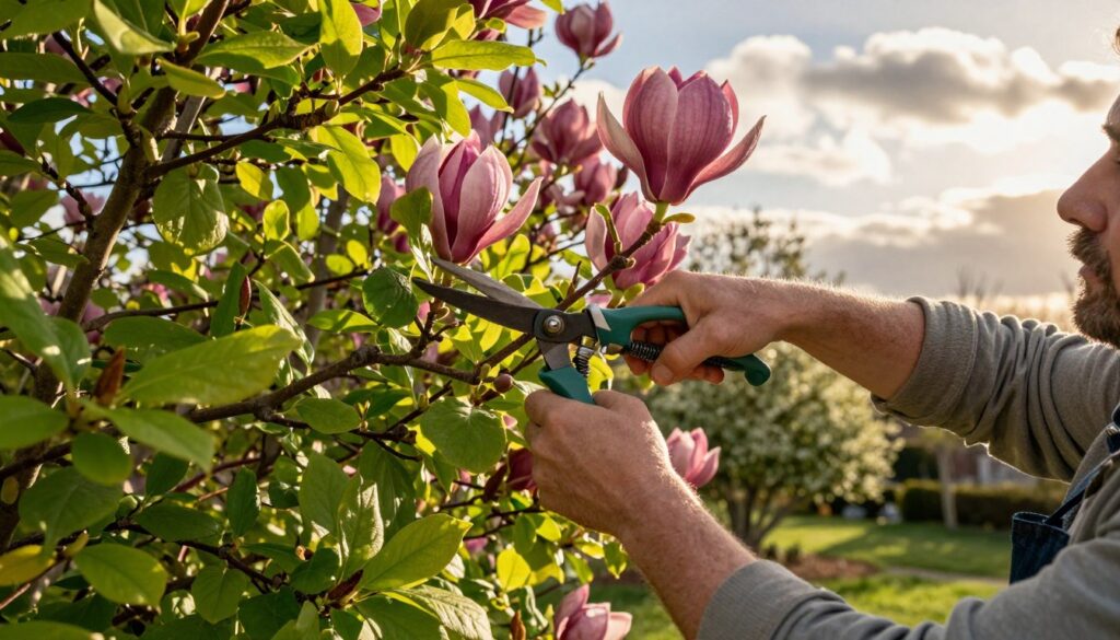 A detailed scene of a skilled gardener carefully pruning a magnolia tree, showcasing the delicate process of trimming branches. In the foreground, the gardener, dressed in modest casual attire, uses sharp pruning shears on lush, green foliage, emphasizing precision and care. The middle ground features vibrant pink magnolia flowers and healthy leaves, indicating a well-maintained tree. In the background, a sunny afternoon sky with soft, fluffy clouds creates a warm atmosphere, while dappled sunlight filters through the branches, casting gentle shadows on the ground. The mood reflects a sense of tranquility and stewardship of nature, highlighting the significance of proper pruning techniques in garden care. A detailed scene of a skilled gardener carefully pruning a magnolia tree, showcasing the delicate process of trimming branches. In the foreground, the gardener, dressed in modest casual attire, uses sharp pruning shears on lush, green foliage, emphasizing precision and care. The middle ground features vibrant pink magnolia flowers and healthy leaves, indicating a well-maintained tree. In the background, a sunny afternoon sky with soft, fluffy clouds creates a warm atmosphere, while dappled sunlight filters through the branches, casting gentle shadows on the ground. The mood reflects a sense of tranquility and stewardship of nature, highlighting the significance of proper pruning techniques in garden care.