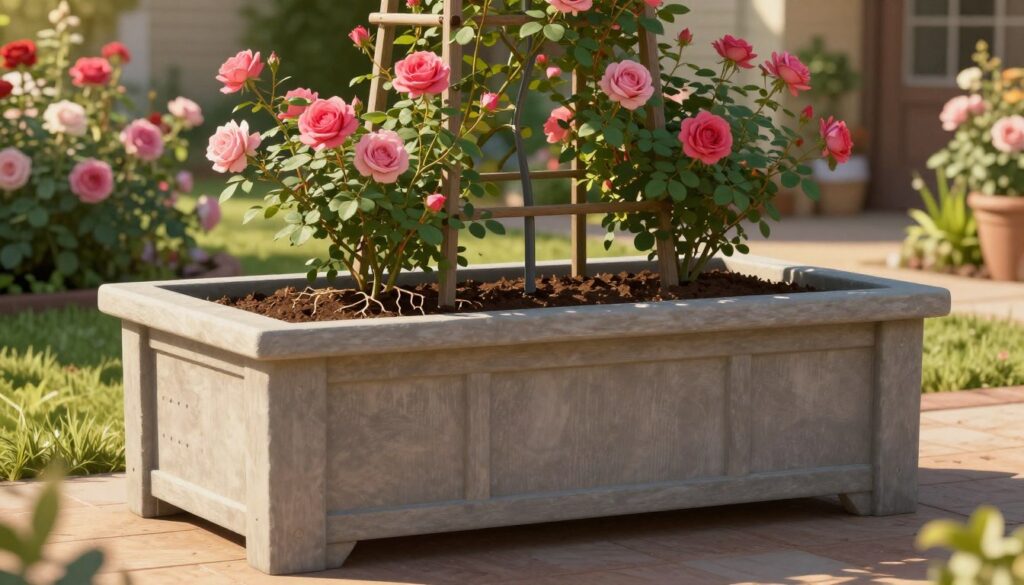 A detailed technical illustration of a large, robust planter designed for climbing roses, set in a home garden. In the foreground, focus on the planter showcasing its features: drainage holes, sturdy construction, and support mechanisms for climbing plants. The middle ground reveals the planter partially filled with rich soil, with healthy rose roots visibly spreading. In the background, a softly blurred garden scene with vibrant climbing roses in full bloom twirling around a trellis. The lighting is warm, mimicking late afternoon sun, casting gentle shadows and highlights on the planter’s texture. The angle should be slightly elevated, providing a comprehensive view of both the planter and its environment, conveying a sense of nurturing and growth. The mood is serene and inviting, perfect for gardening enthusiasts. A detailed technical illustration of a large, robust planter designed for climbing roses, set in a home garden. In the foreground, focus on the planter showcasing its features: drainage holes, sturdy construction, and support mechanisms for climbing plants. The middle ground reveals the planter partially filled with rich soil, with healthy rose roots visibly spreading. In the background, a softly blurred garden scene with vibrant climbing roses in full bloom twirling around a trellis. The lighting is warm, mimicking late afternoon sun, casting gentle shadows and highlights on the planter’s texture. The angle should be slightly elevated, providing a comprehensive view of both the planter and its environment, conveying a sense of nurturing and growth. The mood is serene and inviting, perfect for gardening enthusiasts.