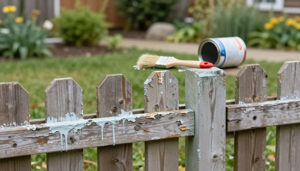 A detailed visual representation of common mistakes in fence restoration, focusing on a wooden fence. In the foreground, depict a weathered wooden fence with areas showing peeling paint and improper application of paint, highlighting issues like drips and uneven surfaces. In the middle ground, include tools improperly placed, such as a paintbrush with paint splatters and a can of paint tipped over, emphasizing disorganization. The background features a blurred garden with healthy greenery, suggesting an ideal setting that contrasts with the mistakes being illustrated. Use natural daylight to create a fresh atmosphere, casting soft shadows to enhance depth. The overall mood should reflect a mix of caution and awareness, inviting viewers to learn from these mistakes without any text or distractions. A detailed visual representation of common mistakes in fence restoration, focusing on a wooden fence. In the foreground, depict a weathered wooden fence with areas showing peeling paint and improper application of paint, highlighting issues like drips and uneven surfaces. In the middle ground, include tools improperly placed, such as a paintbrush with paint splatters and a can of paint tipped over, emphasizing disorganization. The background features a blurred garden with healthy greenery, suggesting an ideal setting that contrasts with the mistakes being illustrated. Use natural daylight to create a fresh atmosphere, casting soft shadows to enhance depth. The overall mood should reflect a mix of caution and awareness, inviting viewers to learn from these mistakes without any text or distractions.