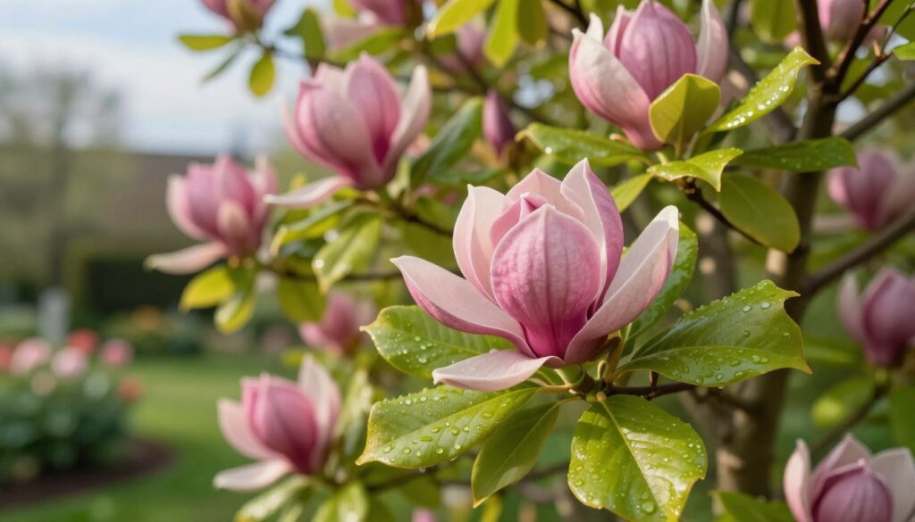 A healthy "ochrona magnolii" plant, showcasing vibrant green leaves and fragrant pink flowers, in a lush garden setting. In the foreground, focus on a close-up view of the magnolia's glossy leaves, with tiny droplets of water glistening as if after rain, symbolizing freshness and vitality. The middle ground features clusters of the delicate blossoms in full bloom, revealing intricate petal textures and nuanced color gradients. In the background, a soft-focus blurred garden filled with other flowering plants and a hint of blue sky, creating a tranquil atmosphere. The soft, warm lighting of an early morning sun casts gentle shadows, enhancing the serenity and beauty of the scene. The overall mood is one of flourishing health, emphasizing protection and care against diseases and pests. A healthy "ochrona magnolii" plant, showcasing vibrant green leaves and fragrant pink flowers, in a lush garden setting. In the foreground, focus on a close-up view of the magnolia's glossy leaves, with tiny droplets of water glistening as if after rain, symbolizing freshness and vitality. The middle ground features clusters of the delicate blossoms in full bloom, revealing intricate petal textures and nuanced color gradients. In the background, a soft-focus blurred garden filled with other flowering plants and a hint of blue sky, creating a tranquil atmosphere. The soft, warm lighting of an early morning sun casts gentle shadows, enhancing the serenity and beauty of the scene. The overall mood is one of flourishing health, emphasizing protection and care against diseases and pests.