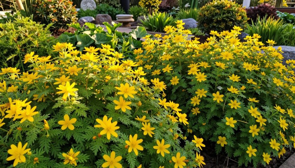 A lush garden scene featuring "Potentilla fruticosa," commonly known as the bush cinquefoil, used as an attractive ground cover. In the foreground, the vibrant yellow flowers of the cinquefoil are blooming profusely, showcasing their delicate five-petal structure. The middle ground reveals a dense mat of rich green foliage, creating a carpet-like effect. In the background, subtle hints of a small garden with compact, decorative shrubs and ornamental stones can be seen, bathed in soft afternoon sunlight, enhancing the warm atmosphere. The lighting should emulate a gentle golden hour glow, casting soft shadows and highlighting the textures of the leaves and flowers. The composition should be framed at a slightly elevated angle to capture the layering of the plants effectively without distractions or extraneous elements. A lush garden scene featuring "Potentilla fruticosa," commonly known as the bush cinquefoil, used as an attractive ground cover. In the foreground, the vibrant yellow flowers of the cinquefoil are blooming profusely, showcasing their delicate five-petal structure. The middle ground reveals a dense mat of rich green foliage, creating a carpet-like effect. In the background, subtle hints of a small garden with compact, decorative shrubs and ornamental stones can be seen, bathed in soft afternoon sunlight, enhancing the warm atmosphere. The lighting should emulate a gentle golden hour glow, casting soft shadows and highlighting the textures of the leaves and flowers. The composition should be framed at a slightly elevated angle to capture the layering of the plants effectively without distractions or extraneous elements.