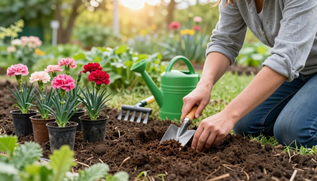 A lush garden scene showcasing the preparation of soil for growing carnation flowers. In the foreground, a gardener in modest casual clothing kneels beside a well-turned patch of rich, dark soil, using a hand trowel to amend it with compost. Brightly colored carnation plants are arranged neatly in pots nearby, suggesting their imminent planting. The middle ground features a variety of gardening tools like a rake and watering can, while vibrant green leafy foliage surrounds the area. In the background, soft sunlight filters through the trees, casting a warm glow over the garden, creating a serene and nurturing atmosphere. The image should evoke a sense of care and attention to detail in preparing the ground for healthy carnation growth. A lush garden scene showcasing the preparation of soil for growing carnation flowers. In the foreground, a gardener in modest casual clothing kneels beside a well-turned patch of rich, dark soil, using a hand trowel to amend it with compost. Brightly colored carnation plants are arranged neatly in pots nearby, suggesting their imminent planting. The middle ground features a variety of gardening tools like a rake and watering can, while vibrant green leafy foliage surrounds the area. In the background, soft sunlight filters through the trees, casting a warm glow over the garden, creating a serene and nurturing atmosphere. The image should evoke a sense of care and attention to detail in preparing the ground for healthy carnation growth.
