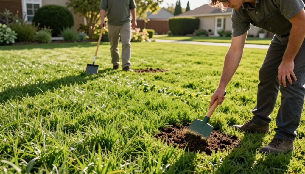 A lush, green lawn undergoing specialized restorative treatments at the end of the season. In the foreground, a professional gardener in casual work attire applies a nutrient-rich top dressing to the soil, while another examines the grass closely with a handheld tool, showcasing their commitment to lawn care. In the middle ground, vibrant patches of grass illustrate the process of aeration and overseeding, demonstrating the textures of healthy turf. Bright, warm sunlight bathes the scene, casting soft shadows and enhancing the vivid colors of the grass and tools. The background features a serene suburban landscape with well-maintained gardens and trees, creating a peaceful ambiance that reflects the importance of preparing the lawn for winter. A lush, green lawn undergoing specialized restorative treatments at the end of the season. In the foreground, a professional gardener in casual work attire applies a nutrient-rich top dressing to the soil, while another examines the grass closely with a handheld tool, showcasing their commitment to lawn care. In the middle ground, vibrant patches of grass illustrate the process of aeration and overseeding, demonstrating the textures of healthy turf. Bright, warm sunlight bathes the scene, casting soft shadows and enhancing the vivid colors of the grass and tools. The background features a serene suburban landscape with well-maintained gardens and trees, creating a peaceful ambiance that reflects the importance of preparing the lawn for winter.