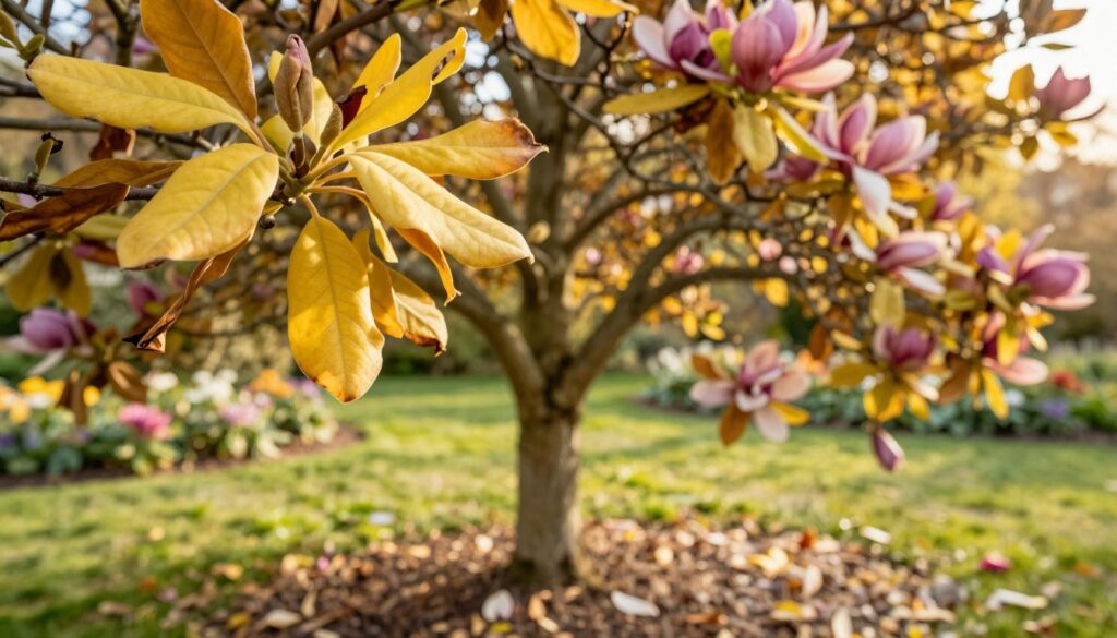 A lush magnolia tree during the growing season, depicted in a vibrant botanical setting. The foreground features close-up shots of magnolia leaves showing signs of wilting and yellowing, illustrating the process of leaf drop. In the middle ground, a full magnolia tree stands tall, adorned with vividly colored blossoms, while some leaves are gently falling to the ground. The background includes a serene garden scene with soft green grasses and blurred flower beds, bathed in warm, golden sunlight, creating a tranquil and reflective atmosphere. The image captures a sense of natural change, emphasizing the transition of the magnolia tree. Use a soft focus effect to highlight the leaves, with a shallow depth of field to create a dreamy quality. A lush magnolia tree during the growing season, depicted in a vibrant botanical setting. The foreground features close-up shots of magnolia leaves showing signs of wilting and yellowing, illustrating the process of leaf drop. In the middle ground, a full magnolia tree stands tall, adorned with vividly colored blossoms, while some leaves are gently falling to the ground. The background includes a serene garden scene with soft green grasses and blurred flower beds, bathed in warm, golden sunlight, creating a tranquil and reflective atmosphere. The image captures a sense of natural change, emphasizing the transition of the magnolia tree. Use a soft focus effect to highlight the leaves, with a shallow depth of field to create a dreamy quality.