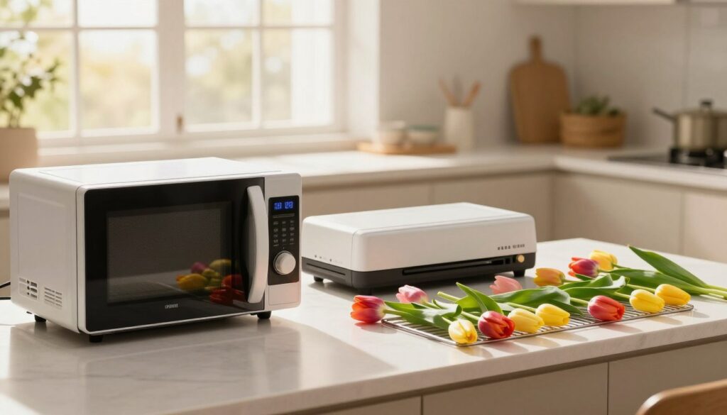 A modern kitchen countertop showcasing contemporary methods for drying flowers, specifically tulips. In the foreground, a sleek microwave with a digital display, alongside a professional food dehydrator, both elegantly designed. Vivid, freshly cut tulips in an array of colors, laid out on drying racks, capturing their natural beauty. The middle ground features a softly illuminated workspace, where the gentle light highlights the tulips’ vibrant hues while casting delicate shadows. In the background, a tranquil window with soft, diffused sunlight streaming through, enhancing the warm atmosphere. The overall mood is calm and inviting, ideal for illustrating a modern approach to preserving floral beauty. A modern kitchen countertop showcasing contemporary methods for drying flowers, specifically tulips. In the foreground, a sleek microwave with a digital display, alongside a professional food dehydrator, both elegantly designed. Vivid, freshly cut tulips in an array of colors, laid out on drying racks, capturing their natural beauty. The middle ground features a softly illuminated workspace, where the gentle light highlights the tulips’ vibrant hues while casting delicate shadows. In the background, a tranquil window with soft, diffused sunlight streaming through, enhancing the warm atmosphere. The overall mood is calm and inviting, ideal for illustrating a modern approach to preserving floral beauty.