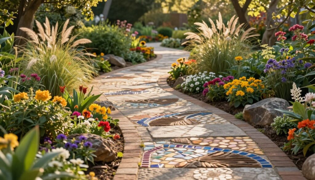 A picturesque garden pathway weaving through a lush landscape, lined with vibrant flowers and decorative stones. In the foreground, focus on intricately designed stepping stones, showcasing creative edging with colorful tiles and rustic timber. The middle ground features a gentle curve of the path, flanked by flowering plants and ornamental grasses swaying in a soft breeze. In the background, a serene garden filled with trees and soft sunlight filtering through the leaves, casting dappled shadows on the path. The atmosphere is tranquil and inviting, evoking a sense of harmony with nature. Capture the image from a slightly elevated angle to accentuate the winding nature of the path and the vibrant colors of the garden. The lighting is warm and golden, creating a welcoming ambiance. A picturesque garden pathway weaving through a lush landscape, lined with vibrant flowers and decorative stones. In the foreground, focus on intricately designed stepping stones, showcasing creative edging with colorful tiles and rustic timber. The middle ground features a gentle curve of the path, flanked by flowering plants and ornamental grasses swaying in a soft breeze. In the background, a serene garden filled with trees and soft sunlight filtering through the leaves, casting dappled shadows on the path. The atmosphere is tranquil and inviting, evoking a sense of harmony with nature. Capture the image from a slightly elevated angle to accentuate the winding nature of the path and the vibrant colors of the garden. The lighting is warm and golden, creating a welcoming ambiance.