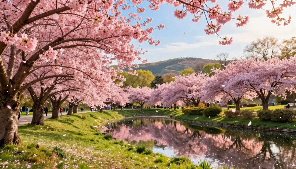 A picturesque scene of cherry blossoms in full bloom in a botanical garden in Poland. The foreground features delicate pink sakura flowers covering the branches of peaceably swaying trees, with petals gently falling like confetti. In the middle ground, a serene pond reflects the vibrant colors of the blossoms, surrounded by lush green grass and well-kept hedges, inviting visitors to stroll. The background reveals rolling hills under a clear blue sky, with soft sunlight casting a warm, golden glow over the entire scene. The atmosphere is tranquil and blissful, evoking a sense of harmony and appreciation for nature's beauty. The composition captures the essence of spring, emphasizing the fleeting magic of sakura bloom. A picturesque scene of cherry blossoms in full bloom in a botanical garden in Poland. The foreground features delicate pink sakura flowers covering the branches of peaceably swaying trees, with petals gently falling like confetti. In the middle ground, a serene pond reflects the vibrant colors of the blossoms, surrounded by lush green grass and well-kept hedges, inviting visitors to stroll. The background reveals rolling hills under a clear blue sky, with soft sunlight casting a warm, golden glow over the entire scene. The atmosphere is tranquil and blissful, evoking a sense of harmony and appreciation for nature's beauty. The composition captures the essence of spring, emphasizing the fleeting magic of sakura bloom.