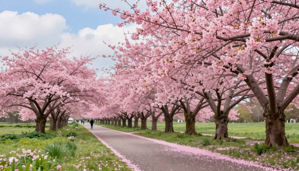 A picturesque spring scene showcasing the most beautiful spots for a walk amidst vibrant pink cherry blossoms. In the foreground, a serene pathway lined with soft pink petals invites leisurely strolls, accompanied by lush green grass and delicate flowers. The middle ground features elegantly arching cherry trees in full bloom, their branches heavy with blossoms, creating a natural canopy. In the background, a blue sky with soft, fluffy white clouds casts a gentle light over the landscape, enhancing the colors of spring. The atmosphere evokes a sense of tranquility and joy, perfect for leisurely explorations. This idyllic setting captures the essence of spring's beauty, inviting viewers to immerse themselves in nature's splendor. A picturesque spring scene showcasing the most beautiful spots for a walk amidst vibrant pink cherry blossoms. In the foreground, a serene pathway lined with soft pink petals invites leisurely strolls, accompanied by lush green grass and delicate flowers. The middle ground features elegantly arching cherry trees in full bloom, their branches heavy with blossoms, creating a natural canopy. In the background, a blue sky with soft, fluffy white clouds casts a gentle light over the landscape, enhancing the colors of spring. The atmosphere evokes a sense of tranquility and joy, perfect for leisurely explorations. This idyllic setting captures the essence of spring's beauty, inviting viewers to immerse themselves in nature's splendor.