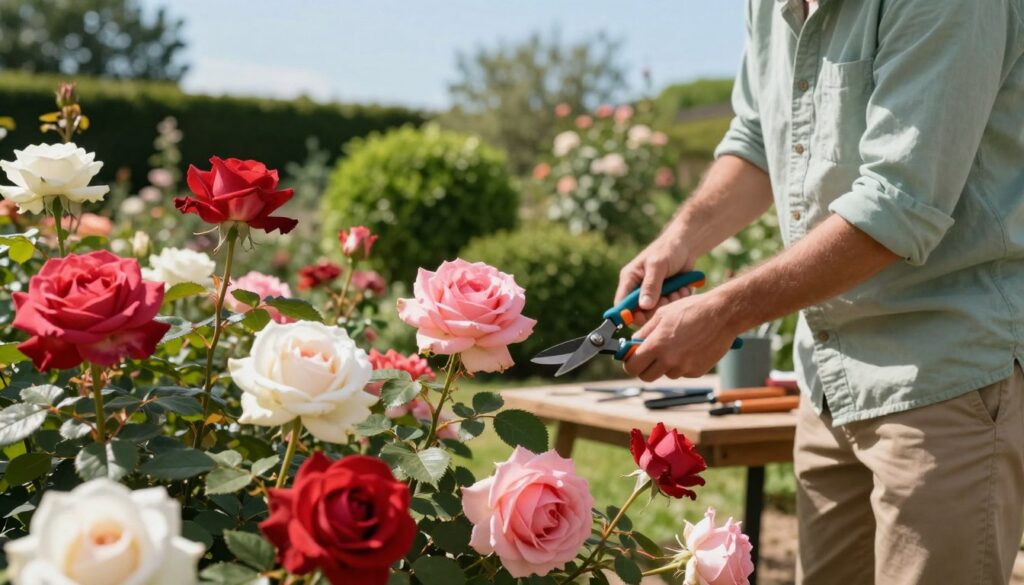 A professional gardener in a sunlit garden, carefully pruning large-flowered roses and hybrid tea roses. The foreground features vibrant, fully bloomed roses in various shades of red, pink, and white, with delicate petals catching the soft sunlight. The gardener, dressed in a light green shirt and khaki pants, is holding sharp pruning shears, focusing intently on a rose. The middle ground showcases neatly trimmed bushes and garden tools laid out on a wooden table. In the background, a lush garden with subtle greenery fades into a clear blue sky, enhancing the serene and productive atmosphere of the scene. The lighting is bright yet soft, capturing the essence of a warm, inviting afternoon in the garden. A professional gardener in a sunlit garden, carefully pruning large-flowered roses and hybrid tea roses. The foreground features vibrant, fully bloomed roses in various shades of red, pink, and white, with delicate petals catching the soft sunlight. The gardener, dressed in a light green shirt and khaki pants, is holding sharp pruning shears, focusing intently on a rose. The middle ground showcases neatly trimmed bushes and garden tools laid out on a wooden table. In the background, a lush garden with subtle greenery fades into a clear blue sky, enhancing the serene and productive atmosphere of the scene. The lighting is bright yet soft, capturing the essence of a warm, inviting afternoon in the garden.