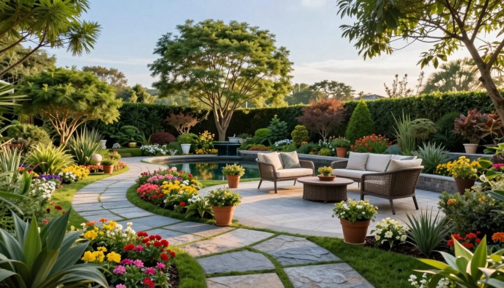 A serene and beautifully landscaped recreational garden space, showcasing a well-designed patio with elegant outdoor furniture, surrounded by lush greenery and vibrant flower beds. In the foreground, a charming pathway made of natural stones leads to the patio area, adorned with potted plants. The middle ground features a small water feature, like a tranquil pond, reflecting the surrounding flora. In the background, tall trees provide shade, and a clear blue sky enhances the serene atmosphere. The lighting is warm and inviting, evoking a late afternoon glow. The image captures a peaceful retreat, perfect for relaxation and leisure. The scene is devoid of any people, ensuring a focus on the enchanting gardening layout. A serene and beautifully landscaped recreational garden space, showcasing a well-designed patio with elegant outdoor furniture, surrounded by lush greenery and vibrant flower beds. In the foreground, a charming pathway made of natural stones leads to the patio area, adorned with potted plants. The middle ground features a small water feature, like a tranquil pond, reflecting the surrounding flora. In the background, tall trees provide shade, and a clear blue sky enhances the serene atmosphere. The lighting is warm and inviting, evoking a late afternoon glow. The image captures a peaceful retreat, perfect for relaxation and leisure. The scene is devoid of any people, ensuring a focus on the enchanting gardening layout.