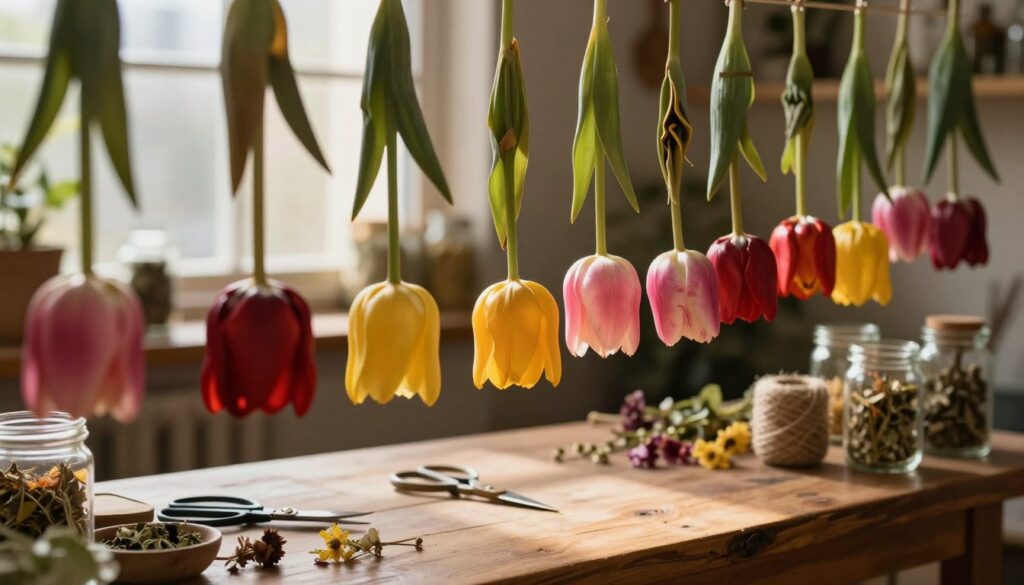 A serene and captivating image featuring a vertical arrangement of dried tulips, meticulously hung upside down in a rustic herbalist's workshop. The foreground showcases the vibrant tulips in various colors—deep reds, bright yellows, and soft pinks—each flower carefully preserved to maintain its shape and color. In the middle ground, a wooden table is filled with herbal tools, such as scissors, twine, and small glass jars filled with herbs and dried flowers, emphasizing the traditional herb method. The background features soft, warm lighting filtering through a window, casting delicate shadows and creating a cozy atmosphere. The overall mood is tranquil and scholarly, perfect for conveying the art of drying flowers effectively. The angle captures the entire scene from a slightly elevated perspective, allowing for a comprehensive view of the process. A serene and captivating image featuring a vertical arrangement of dried tulips, meticulously hung upside down in a rustic herbalist's workshop. The foreground showcases the vibrant tulips in various colors—deep reds, bright yellows, and soft pinks—each flower carefully preserved to maintain its shape and color. In the middle ground, a wooden table is filled with herbal tools, such as scissors, twine, and small glass jars filled with herbs and dried flowers, emphasizing the traditional herb method. The background features soft, warm lighting filtering through a window, casting delicate shadows and creating a cozy atmosphere. The overall mood is tranquil and scholarly, perfect for conveying the art of drying flowers effectively. The angle captures the entire scene from a slightly elevated perspective, allowing for a comprehensive view of the process.