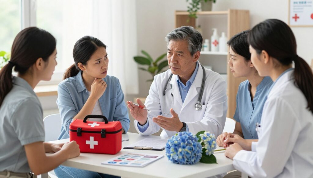A serene and informative scene depicting first aid measures for suspected hydrangea poisoning. In the foreground, a diverse group of individuals in professional attire are shown: a doctor explaining poisoning protocols with a concerned parent and a nurturing caregiver by their side. They are gathered around a table with a first aid kit, educational pamphlets, and a few hydrangea flowers safely placed on a separate surface, illustrating the toxicity without danger. In the middle ground, a calming room setting with soft, natural light streaming through a window enhances the atmosphere of safety and support. Background elements include shelves with first aid supplies and plants, contributing to a reassuring environment. The overall mood is focused yet compassionate, emphasizing preparedness and care. A serene and informative scene depicting first aid measures for suspected hydrangea poisoning. In the foreground, a diverse group of individuals in professional attire are shown: a doctor explaining poisoning protocols with a concerned parent and a nurturing caregiver by their side. They are gathered around a table with a first aid kit, educational pamphlets, and a few hydrangea flowers safely placed on a separate surface, illustrating the toxicity without danger. In the middle ground, a calming room setting with soft, natural light streaming through a window enhances the atmosphere of safety and support. Background elements include shelves with first aid supplies and plants, contributing to a reassuring environment. The overall mood is focused yet compassionate, emphasizing preparedness and care.