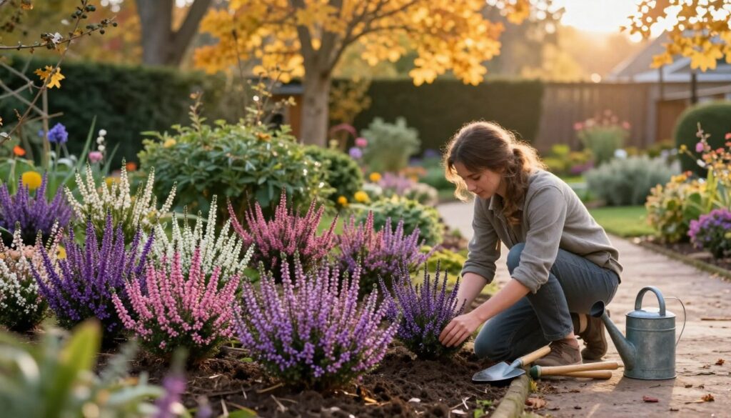 A serene autumn garden scene showcasing the process of creating a heather bed. In the foreground, an elegant arrangement of vibrantly colored heather plants—shades of purple, pink, and white—gently swaying in a light breeze. A skilled gardener, dressed in modest casual clothing, kneels on the ground, carefully planting the heather, surrounded by gardening tools like a trowel and a watering can. The middle ground features a beautifully landscaped garden path, lined with lush green shrubs, guiding the eye towards the distance. In the background, soft sunlight filters through golden autumn leaves, casting a warm, inviting glow over the scene. The atmosphere is peaceful and inspiring, perfect for gardening enthusiasts. Use a soft focus lens effect to create depth and enhance the autumnal colors. A serene autumn garden scene showcasing the process of creating a heather bed. In the foreground, an elegant arrangement of vibrantly colored heather plants—shades of purple, pink, and white—gently swaying in a light breeze. A skilled gardener, dressed in modest casual clothing, kneels on the ground, carefully planting the heather, surrounded by gardening tools like a trowel and a watering can. The middle ground features a beautifully landscaped garden path, lined with lush green shrubs, guiding the eye towards the distance. In the background, soft sunlight filters through golden autumn leaves, casting a warm, inviting glow over the scene. The atmosphere is peaceful and inspiring, perfect for gardening enthusiasts. Use a soft focus lens effect to create depth and enhance the autumnal colors.