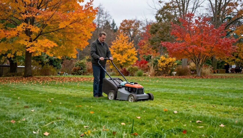 A serene autumn scene depicting the final lawn mowing before winter sets in. In the foreground, a well-maintained green lawn is being carefully trimmed with a modern, eco-friendly mower. A gardener, dressed in smart, modest casual attire, is focused on the task, demonstrating precision and care. In the middle ground, vibrant fall foliage adds a splash of color, with leaves in shades of orange, yellow, and red scattered around. In the background, a gentle overcast sky hints at the coming winter, casting soft, diffused light over the scene, creating a calm and reflective mood. The lens captures the lush texture of the grass, emphasizing the importance of a well-groomed lawn in preparation for the chilly months ahead. A serene autumn scene depicting the final lawn mowing before winter sets in. In the foreground, a well-maintained green lawn is being carefully trimmed with a modern, eco-friendly mower. A gardener, dressed in smart, modest casual attire, is focused on the task, demonstrating precision and care. In the middle ground, vibrant fall foliage adds a splash of color, with leaves in shades of orange, yellow, and red scattered around. In the background, a gentle overcast sky hints at the coming winter, casting soft, diffused light over the scene, creating a calm and reflective mood. The lens captures the lush texture of the grass, emphasizing the importance of a well-groomed lawn in preparation for the chilly months ahead.
