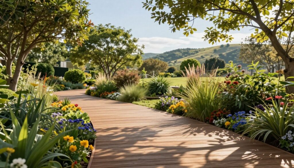 A serene garden path made of wooden planks, elegantly arranged to create a natural atmosphere. In the foreground, vibrant greenery and colorful flowers flank the path, while soft sunlight filters through tree canopies overhead, casting dappled shadows on the ground. The middle ground features delicate shrubs and small ornamental grasses, enhancing the modern yet organic feel. In the background, gentle hills provide depth, with a clear blue sky peeking through. The overall mood is tranquil and inviting, ideal for a small, modern garden. The scene is captured with a wide-angle lens to emphasize the depth of the pathway, using warm, natural lighting to create a welcoming ambiance. A serene garden path made of wooden planks, elegantly arranged to create a natural atmosphere. In the foreground, vibrant greenery and colorful flowers flank the path, while soft sunlight filters through tree canopies overhead, casting dappled shadows on the ground. The middle ground features delicate shrubs and small ornamental grasses, enhancing the modern yet organic feel. In the background, gentle hills provide depth, with a clear blue sky peeking through. The overall mood is tranquil and inviting, ideal for a small, modern garden. The scene is captured with a wide-angle lens to emphasize the depth of the pathway, using warm, natural lighting to create a welcoming ambiance.