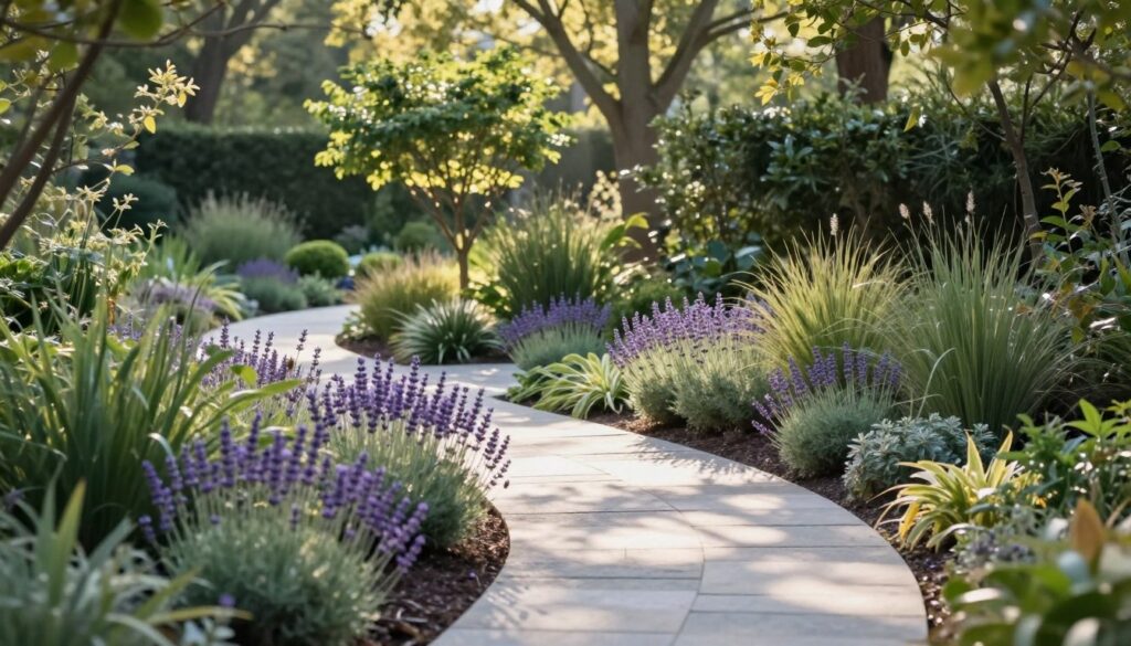 A serene garden pathway that blends seamlessly into a modern, natural environment. In the foreground, a gently winding stone path is lined with vibrant, flourishing plants, including lavender and ornamental grasses. The middle features a softly lit area with small clusters of trees and shrubs, creating a sense of intimacy and tranquility. In the background, a light-dappled forest provides a lush backdrop, while delicate rays of sunlight filter through the foliage, casting intricate shadows on the path. The atmosphere is calm and inviting, emphasizing functional design principles in landscaping, with an overall focus on harmony between the pathway and nature. Capture this scene at a slightly elevated angle to provide depth, using soft focus on the edges for a peaceful vibe. A serene garden pathway that blends seamlessly into a modern, natural environment. In the foreground, a gently winding stone path is lined with vibrant, flourishing plants, including lavender and ornamental grasses. The middle features a softly lit area with small clusters of trees and shrubs, creating a sense of intimacy and tranquility. In the background, a light-dappled forest provides a lush backdrop, while delicate rays of sunlight filter through the foliage, casting intricate shadows on the path. The atmosphere is calm and inviting, emphasizing functional design principles in landscaping, with an overall focus on harmony between the pathway and nature. Capture this scene at a slightly elevated angle to provide depth, using soft focus on the edges for a peaceful vibe.
