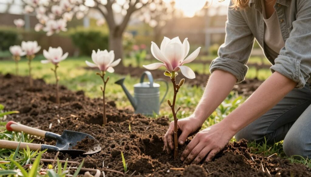 A serene garden scene capturing the process of planting magnolia trees. In the foreground, a person dressed in modest casual clothing kneels in rich, dark soil, gently placing a young magnolia sapling into a prepared hole. Their hands are covered with soil, showcasing the effort and care involved. In the middle ground, additional saplings are arranged in neat rows, with gardening tools like a spade and watering can nearby. The background features a lush, green landscape with soft-focus flowering magnolia trees, their large, delicate petals caught in the gentle sunlight, creating a warm, inviting atmosphere. The overall mood is peaceful and nurturing, encapsulating the joy of gardening. The image should be well-lit, simulating the golden hour light, with a focus that highlights the details of the planting process. A serene garden scene capturing the process of planting magnolia trees. In the foreground, a person dressed in modest casual clothing kneels in rich, dark soil, gently placing a young magnolia sapling into a prepared hole. Their hands are covered with soil, showcasing the effort and care involved. In the middle ground, additional saplings are arranged in neat rows, with gardening tools like a spade and watering can nearby. The background features a lush, green landscape with soft-focus flowering magnolia trees, their large, delicate petals caught in the gentle sunlight, creating a warm, inviting atmosphere. The overall mood is peaceful and nurturing, encapsulating the joy of gardening. The image should be well-lit, simulating the golden hour light, with a focus that highlights the details of the planting process.