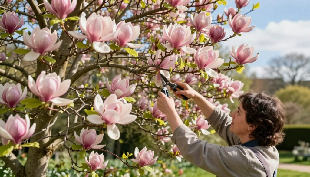 A serene garden scene depicting a gardener carefully pruning a magnolia tree in full bloom, showcasing large, fragrant pink and white blossoms. In the foreground, the gardener, dressed in a modest casual outfit, is gently clipping branches with pruning shears, emphasizing the importance of timing in plant care. The middle ground features the majestic magnolia, its vibrant flowers contrasting with lush green leaves. The background includes a soft-focus of a springtime landscape, with sunny blue skies and subtle clouds, creating a warm, inviting atmosphere. The scene is softly illuminated by natural sunlight, casting gentle shadows that enhance the depth and serenity of the environment, inviting viewers to appreciate the beauty of garden maintenance. A serene garden scene depicting a gardener carefully pruning a magnolia tree in full bloom, showcasing large, fragrant pink and white blossoms. In the foreground, the gardener, dressed in a modest casual outfit, is gently clipping branches with pruning shears, emphasizing the importance of timing in plant care. The middle ground features the majestic magnolia, its vibrant flowers contrasting with lush green leaves. The background includes a soft-focus of a springtime landscape, with sunny blue skies and subtle clouds, creating a warm, inviting atmosphere. The scene is softly illuminated by natural sunlight, casting gentle shadows that enhance the depth and serenity of the environment, inviting viewers to appreciate the beauty of garden maintenance.