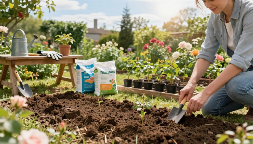 A serene garden scene depicting the preparation of a planting area for roses. In the foreground, a gardener in neat casual clothing kneels by freshly turned soil, using a trowel to create furrows. The middle ground features bags of nutrient-rich compost and organic fertilizers, while neatly arranged rose seedlings await planting. On the left, a wooden plank serves as a temporary workbench, showcasing gardening tools like a spade, gloves, and watering can. The background reveals a sunny sky with soft, diffused lighting, casting gentle shadows on the garden. Lush greenery and blooming flowers surround the area, creating an inviting, tranquil atmosphere. The scene conveys a sense of care and readiness for new growth. A serene garden scene depicting the preparation of a planting area for roses. In the foreground, a gardener in neat casual clothing kneels by freshly turned soil, using a trowel to create furrows. The middle ground features bags of nutrient-rich compost and organic fertilizers, while neatly arranged rose seedlings await planting. On the left, a wooden plank serves as a temporary workbench, showcasing gardening tools like a spade, gloves, and watering can. The background reveals a sunny sky with soft, diffused lighting, casting gentle shadows on the garden. Lush greenery and blooming flowers surround the area, creating an inviting, tranquil atmosphere. The scene conveys a sense of care and readiness for new growth.