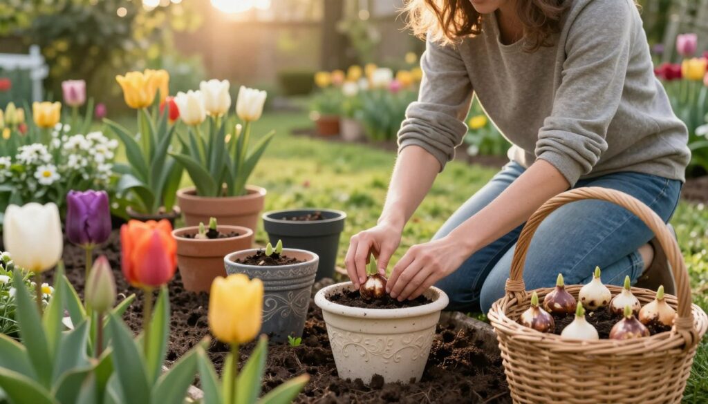 A serene garden scene featuring a person in modest casual clothing carefully planting tulip bulbs in decorative containers and a basket. In the foreground, the vibrant colors of tulip bulbs, some already sprouting green shoots, provide an engaging focus. The middle ground showcases the gardener kneeling beside a beautifully arranged assortment of pots and a woven basket filled with tulip bulbs ready for planting. In the background, a lush garden with a mix of greenery and blooming flowers creates a peaceful atmosphere, softened by warm, golden sunlight filtering through the leaves. The angle is slightly elevated to capture the depth of the planting area, emphasizing the act of tending to the flowers. Overall, the mood is calm and nurturing, evoking a sense of joy in gardening. A serene garden scene featuring a person in modest casual clothing carefully planting tulip bulbs in decorative containers and a basket. In the foreground, the vibrant colors of tulip bulbs, some already sprouting green shoots, provide an engaging focus. The middle ground showcases the gardener kneeling beside a beautifully arranged assortment of pots and a woven basket filled with tulip bulbs ready for planting. In the background, a lush garden with a mix of greenery and blooming flowers creates a peaceful atmosphere, softened by warm, golden sunlight filtering through the leaves. The angle is slightly elevated to capture the depth of the planting area, emphasizing the act of tending to the flowers. Overall, the mood is calm and nurturing, evoking a sense of joy in gardening.