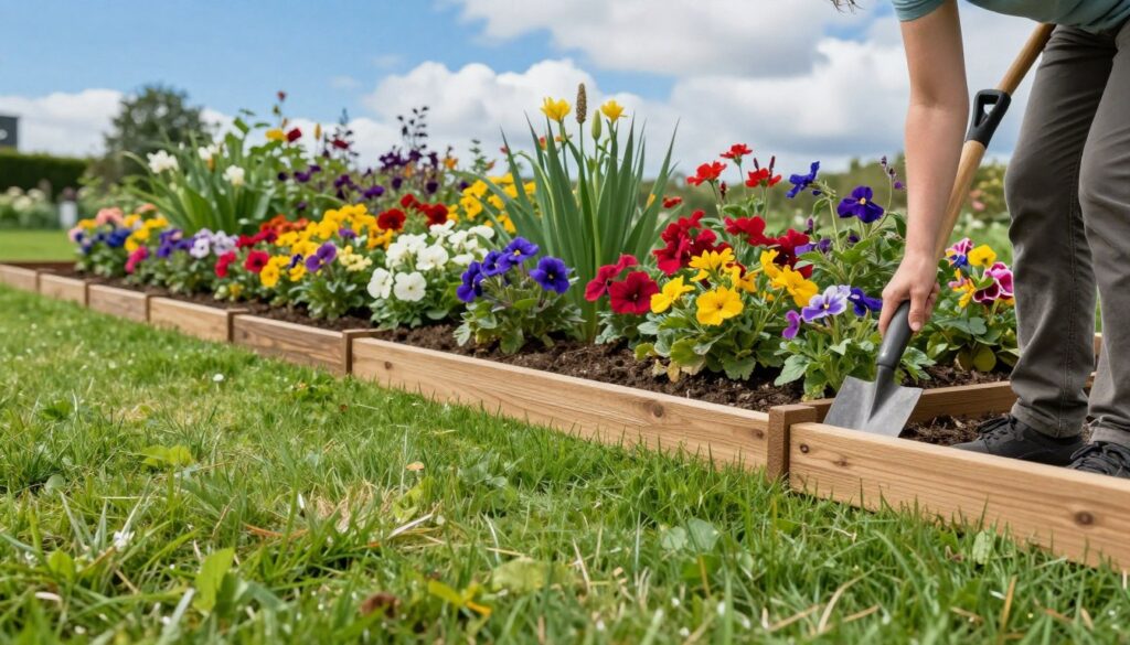A serene garden scene featuring the installation of decorative edging between a lush green lawn and a vibrant flower bed. In the foreground, a person in modest casual clothing is carefully setting down wooden landscape edgers, ensuring alignment with a spade in hand. The middle ground showcases the freshly cut grass meeting colorful blooms of various flowers, creating a vivid contrast. In the background, a bright blue sky with a few fluffy white clouds casts soft, natural lighting over the entire scene, enhancing the colors. The atmosphere is calm and productive, evoking the satisfaction of nurturing and organizing one's garden. The angle captures the details of the edging process, encouraging a hands-on gardening vibe. A serene garden scene featuring the installation of decorative edging between a lush green lawn and a vibrant flower bed. In the foreground, a person in modest casual clothing is carefully setting down wooden landscape edgers, ensuring alignment with a spade in hand. The middle ground showcases the freshly cut grass meeting colorful blooms of various flowers, creating a vivid contrast. In the background, a bright blue sky with a few fluffy white clouds casts soft, natural lighting over the entire scene, enhancing the colors. The atmosphere is calm and productive, evoking the satisfaction of nurturing and organizing one's garden. The angle captures the details of the edging process, encouraging a hands-on gardening vibe.
