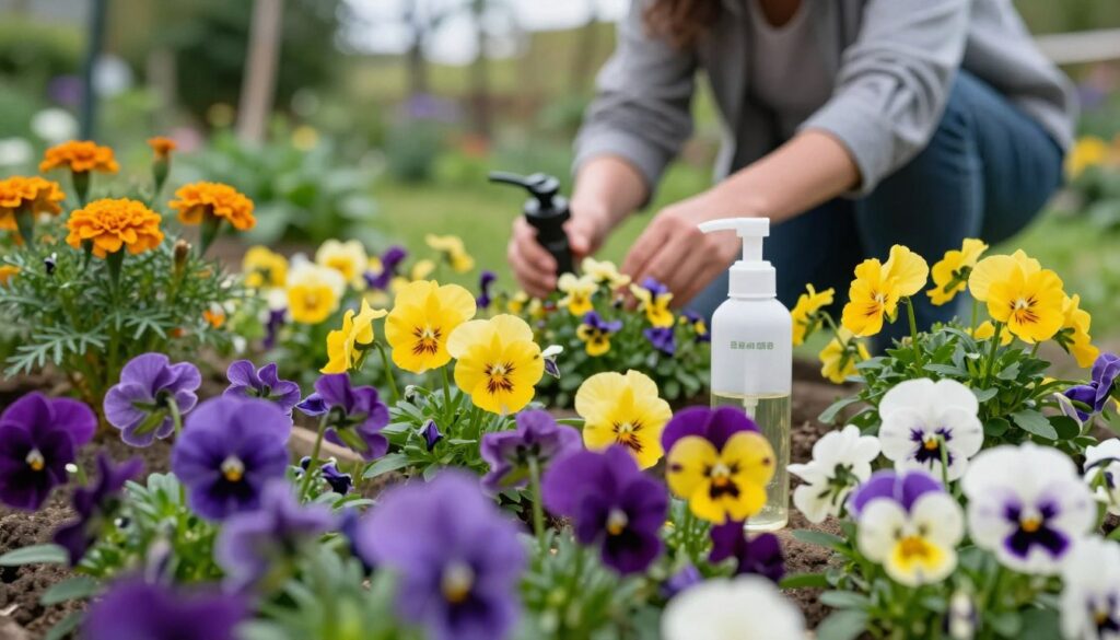 A serene garden scene featuring vibrant pansies in full bloom, showcasing their rich colors of purple, yellow, and white. In the foreground, a close-up of healthy pansy flowers interspersed with subtle signs of protective measures against pests, such as organic neem oil spray and companion plants like marigolds, enhancing their resilience. The middle ground shows a gardener in modest casual clothing gently inspecting the plants, embodying care and vigilance. In the background, a lush green landscape under soft, diffused sunlight creates a tranquil atmosphere. The entire scene conveys a sense of nurturing and protection, highlighting the beauty of nature while illustrating the theme of disease and pest prevention for pansies. The angle is slightly elevated, allowing a comprehensive view of the garden's health and beauty.