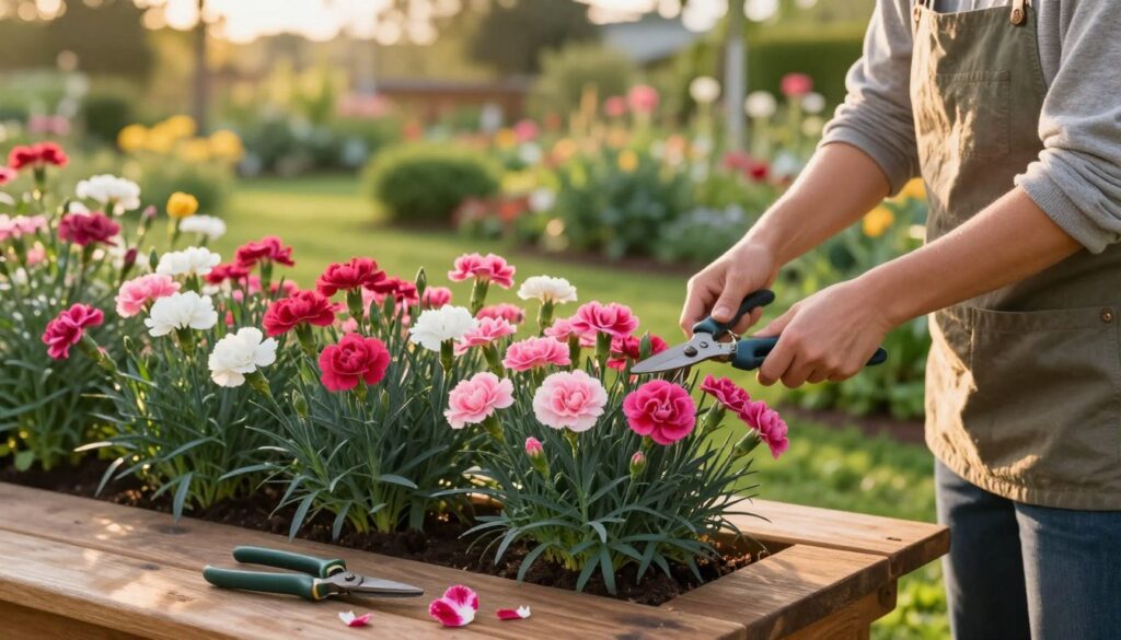 A serene garden scene focused on the art of pruning carnations, featuring a gardener in modest casual attire attentively trimming vibrant pink and white flowers. In the foreground, a pair of sharp pruning shears and fallen petals lay on a wooden garden table beside the neatly arranged plants. The middle ground showcases lush, blossoming carnation plants, their rich colors vividly contrasting against the green foliage. In the background, a sun-drenched, softly blurred landscape of flower beds and ornamental shrubs adds depth and warmth. The lighting is golden hour, casting a gentle, inviting glow over the scene, enhancing the peaceful and productive atmosphere of garden care and growth techniques.