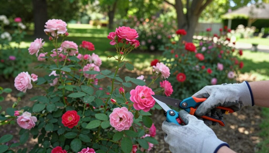 A serene garden scene focusing on the careful pruning of hybrid and miniature roses. In the foreground, a pair of skilled hands, clad in modest gardening gloves, holds pruning shears, delicately cutting away at vibrant pink and red rose branches. The middle ground features a variety of lush rose bushes in full bloom, showcasing their colorful petals against green foliage, some with tiny blossoms indicating their miniature size. In the background, soft blurred trees create a tranquil setting, with dappled sunlight filtering through the leaves, casting gentle shadows on the ground. The overall mood is calm and nurturing, emphasizing the care involved in rose pruning. The scene is captured from a slightly elevated angle, evoking a sense of immersion in the gardening process. A serene garden scene focusing on the careful pruning of hybrid and miniature roses. In the foreground, a pair of skilled hands, clad in modest gardening gloves, holds pruning shears, delicately cutting away at vibrant pink and red rose branches. The middle ground features a variety of lush rose bushes in full bloom, showcasing their colorful petals against green foliage, some with tiny blossoms indicating their miniature size. In the background, soft blurred trees create a tranquil setting, with dappled sunlight filtering through the leaves, casting gentle shadows on the ground. The overall mood is calm and nurturing, emphasizing the care involved in rose pruning. The scene is captured from a slightly elevated angle, evoking a sense of immersion in the gardening process.
