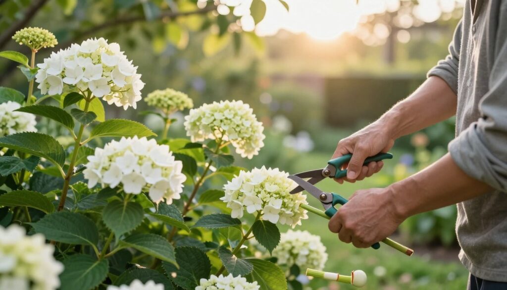 A serene garden scene focusing on the technique of cutting hydrangea stems, specifically the Annabelle variety. In the foreground, a gardener with modest casual clothing is carefully pruning lush green hydrangea bushes with large, round, white flowers using sharp pruning shears. The middle ground features various stages of hydrangea growth, illustrating healthy branches and freshly cut stems, while in the background, a soft-focus of a sunny garden landscape adds depth, with gentle sunlight filtering through overhead leaves, creating a warm, golden glow. The angle captures the action of pruning, emphasizing the gardener's skilled hands and the vibrant foliage, evoking a sense of tranquility and dedication to gardening. A serene garden scene focusing on the technique of cutting hydrangea stems, specifically the Annabelle variety. In the foreground, a gardener with modest casual clothing is carefully pruning lush green hydrangea bushes with large, round, white flowers using sharp pruning shears. The middle ground features various stages of hydrangea growth, illustrating healthy branches and freshly cut stems, while in the background, a soft-focus of a sunny garden landscape adds depth, with gentle sunlight filtering through overhead leaves, creating a warm, golden glow. The angle captures the action of pruning, emphasizing the gardener's skilled hands and the vibrant foliage, evoking a sense of tranquility and dedication to gardening.