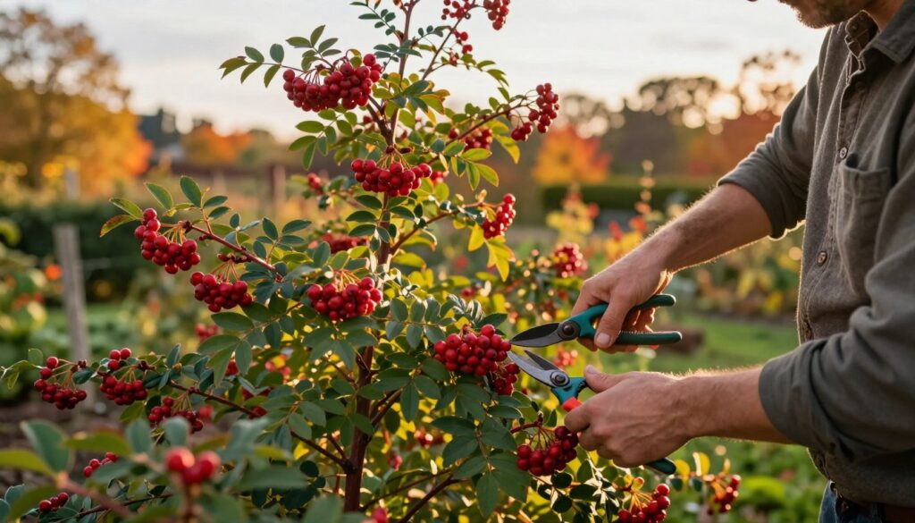 A serene garden scene in autumn, showcasing the careful pruning and maintenance of berry-bearing shrubs. In the foreground, a gardener in modest casual clothing is tending to vibrant red berry shrubs, using pruning shears to shape the plants for optimal fruiting. The middle ground features clusters of glossy red berries contrasted against lush green leaves, illuminated by warm, golden afternoon sunlight filtering through the branches. In the background, softly blurred, there are hints of an autumn landscape with colorful foliage and a tranquil sky. The overall mood is peaceful and productive, emphasizing the beauty of autumn gardening and the importance of caring for plants to ensure healthy fruiting. The lighting is soft, enhancing the colors of the garden while casting gentle shadows. A serene garden scene in autumn, showcasing the careful pruning and maintenance of berry-bearing shrubs. In the foreground, a gardener in modest casual clothing is tending to vibrant red berry shrubs, using pruning shears to shape the plants for optimal fruiting. The middle ground features clusters of glossy red berries contrasted against lush green leaves, illuminated by warm, golden afternoon sunlight filtering through the branches. In the background, softly blurred, there are hints of an autumn landscape with colorful foliage and a tranquil sky. The overall mood is peaceful and productive, emphasizing the beauty of autumn gardening and the importance of caring for plants to ensure healthy fruiting. The lighting is soft, enhancing the colors of the garden while casting gentle shadows.