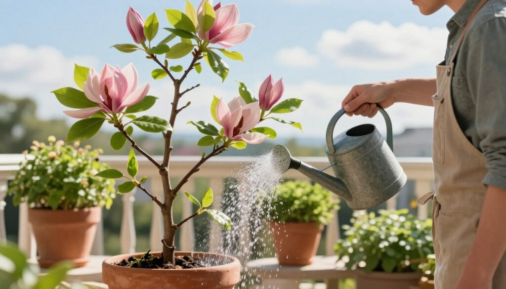 A serene garden scene showcasing a gardener gently watering a compact, ornamental magnolia plant in a stylish balcony setting. In the foreground, the gardener, dressed in modest casual clothing, holds a watering can, directing water onto the glossy green leaves and elegant pink flowers of the magnolia. The middle ground features decorative terracotta pots and vibrant greenery, while the background includes a soft-focus view of a bright blue sky and gentle clouds, creating a peaceful atmosphere. The sunlight filters through the leaves, casting dappled light on the balcony, enhancing the mood of nurturing and care. Use a soft-focus lens to convey warmth and tranquility in this lush gardening scene. A serene garden scene showcasing a gardener gently watering a compact, ornamental magnolia plant in a stylish balcony setting. In the foreground, the gardener, dressed in modest casual clothing, holds a watering can, directing water onto the glossy green leaves and elegant pink flowers of the magnolia. The middle ground features decorative terracotta pots and vibrant greenery, while the background includes a soft-focus view of a bright blue sky and gentle clouds, creating a peaceful atmosphere. The sunlight filters through the leaves, casting dappled light on the balcony, enhancing the mood of nurturing and care. Use a soft-focus lens to convey warmth and tranquility in this lush gardening scene.