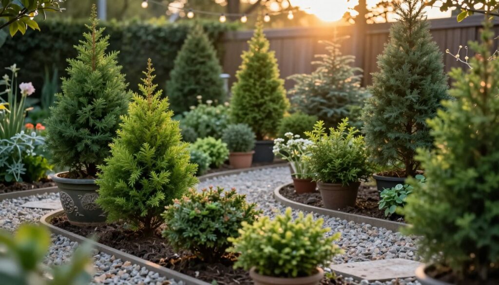 A serene garden scene showcasing a variety of miniature evergreen shrubs, including dwarf spruce, juniper, and cypress, arranged thoughtfully in a compact outdoor space. In the foreground, small clusters of these iglaste rośliny are artfully arranged in decorative pots with intricate designs, highlighting their dense foliage and unique textures. The middle ground features a narrow flowerbed flanked by charming gravel paths, leading to the background where soft sunlight casts gentle shadows. Delicate fairy lights dangle above, creating an enchanting atmosphere as dusk approaches. The overall mood is tranquil and inviting, perfect for illustrating how these evergreen miniatures enhance the beauty of small gardens throughout the year. The scene should be captured with a soft focus, emphasizing the lush greenery against a warm, glowing sunset. A serene garden scene showcasing a variety of miniature evergreen shrubs, including dwarf spruce, juniper, and cypress, arranged thoughtfully in a compact outdoor space. In the foreground, small clusters of these iglaste rośliny are artfully arranged in decorative pots with intricate designs, highlighting their dense foliage and unique textures. The middle ground features a narrow flowerbed flanked by charming gravel paths, leading to the background where soft sunlight casts gentle shadows. Delicate fairy lights dangle above, creating an enchanting atmosphere as dusk approaches. The overall mood is tranquil and inviting, perfect for illustrating how these evergreen miniatures enhance the beauty of small gardens throughout the year. The scene should be captured with a soft focus, emphasizing the lush greenery against a warm, glowing sunset.