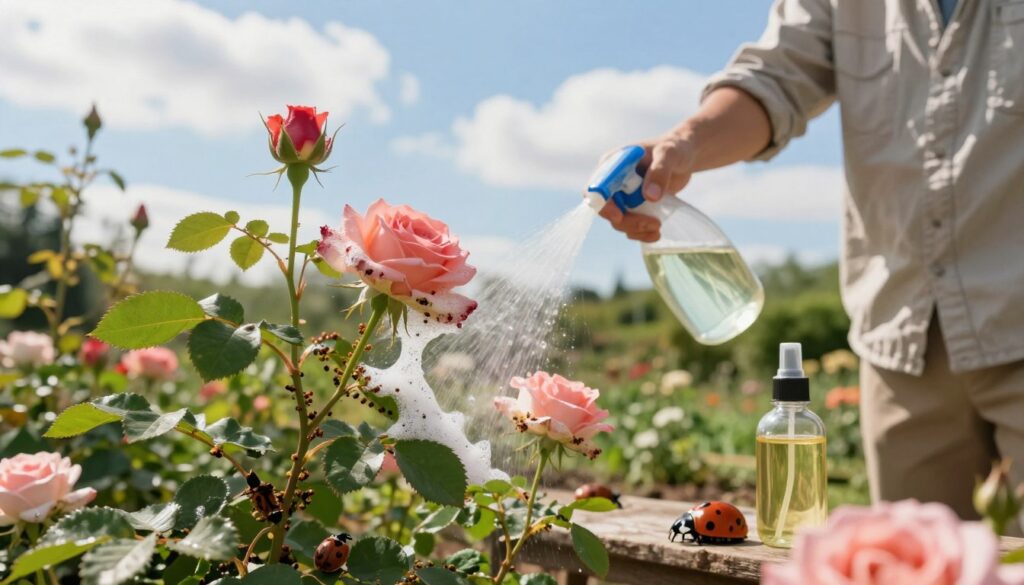 A serene garden scene showcasing effective natural methods of aphid control on rose plants. In the foreground, vibrant, lush rose bushes suffering from aphid infestations, with close-up details of the tiny pests clustered on the stems and leaves. In the middle ground, a gardener, dressed in modest casual clothing, gently sprays a homemade solution of soapy water on the roses, symbolizing natural pest management. Surrounding the gardener, various organic repellents like neem oil, garlic spray, and ladybugs are artistically arranged. The background features a bright blue sky with soft, white clouds, and the warm glow of sunlight illuminating the scene, creating an atmosphere of hope and vitality in the garden. The overall mood is one of tranquility and organic gardening wisdom. A serene garden scene showcasing effective natural methods of aphid control on rose plants. In the foreground, vibrant, lush rose bushes suffering from aphid infestations, with close-up details of the tiny pests clustered on the stems and leaves. In the middle ground, a gardener, dressed in modest casual clothing, gently sprays a homemade solution of soapy water on the roses, symbolizing natural pest management. Surrounding the gardener, various organic repellents like neem oil, garlic spray, and ladybugs are artistically arranged. The background features a bright blue sky with soft, white clouds, and the warm glow of sunlight illuminating the scene, creating an atmosphere of hope and vitality in the garden. The overall mood is one of tranquility and organic gardening wisdom.