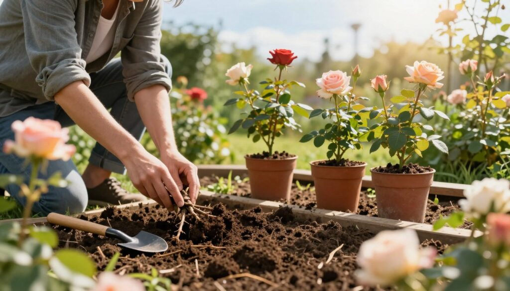 A serene garden scene showcasing two methods of planting roses: in the foreground, a gardener in modest casual clothing is preparing a bed for bare-root roses, with freshly turned soil and garden tools nearby. In the middle ground, potted roses are being set in rich compost, showcasing vibrant greenery and blooming petals. The background features a sunny sky with soft, diffused sunlight illuminating the scene, creating a warm and inviting atmosphere. Framing the image are flowering plants in soft focus, adding a sense of depth. The overall mood conveys a peaceful, nurturing environment ideal for planting and gardening, reflecting the meticulous care taken in both planting techniques. No text, captions, or logos are included. A serene garden scene showcasing two methods of planting roses: in the foreground, a gardener in modest casual clothing is preparing a bed for bare-root roses, with freshly turned soil and garden tools nearby. In the middle ground, potted roses are being set in rich compost, showcasing vibrant greenery and blooming petals. The background features a sunny sky with soft, diffused sunlight illuminating the scene, creating a warm and inviting atmosphere. Framing the image are flowering plants in soft focus, adding a sense of depth. The overall mood conveys a peaceful, nurturing environment ideal for planting and gardening, reflecting the meticulous care taken in both planting techniques. No text, captions, or logos are included.
