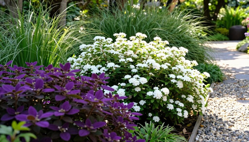 A serene garden setting featuring a vibrant, bushy Japanese spiraea (tawuła) in full bloom, surrounded by contrasting foliage. In the foreground, rich purple and white flowering shrubs create a vivid contrast, showcasing their textured leaves and petals. The middle ground includes the lush green backdrop of various ornamental grasses swaying gently, enhancing the lightness of the composition. The background features a soft-focus view of a tranquil garden path lined with small, delicate pebbles, dappled in soft sunlight filtering through tree branches. Use natural lighting to create a warm and inviting atmosphere, emphasizing the interplay of colors and textures. Capture the image from a low angle to accentuate the height of the spiraea while maintaining a harmonious composition. A serene garden setting featuring a vibrant, bushy Japanese spiraea (tawuła) in full bloom, surrounded by contrasting foliage. In the foreground, rich purple and white flowering shrubs create a vivid contrast, showcasing their textured leaves and petals. The middle ground includes the lush green backdrop of various ornamental grasses swaying gently, enhancing the lightness of the composition. The background features a soft-focus view of a tranquil garden path lined with small, delicate pebbles, dappled in soft sunlight filtering through tree branches. Use natural lighting to create a warm and inviting atmosphere, emphasizing the interplay of colors and textures. Capture the image from a low angle to accentuate the height of the spiraea while maintaining a harmonious composition.
