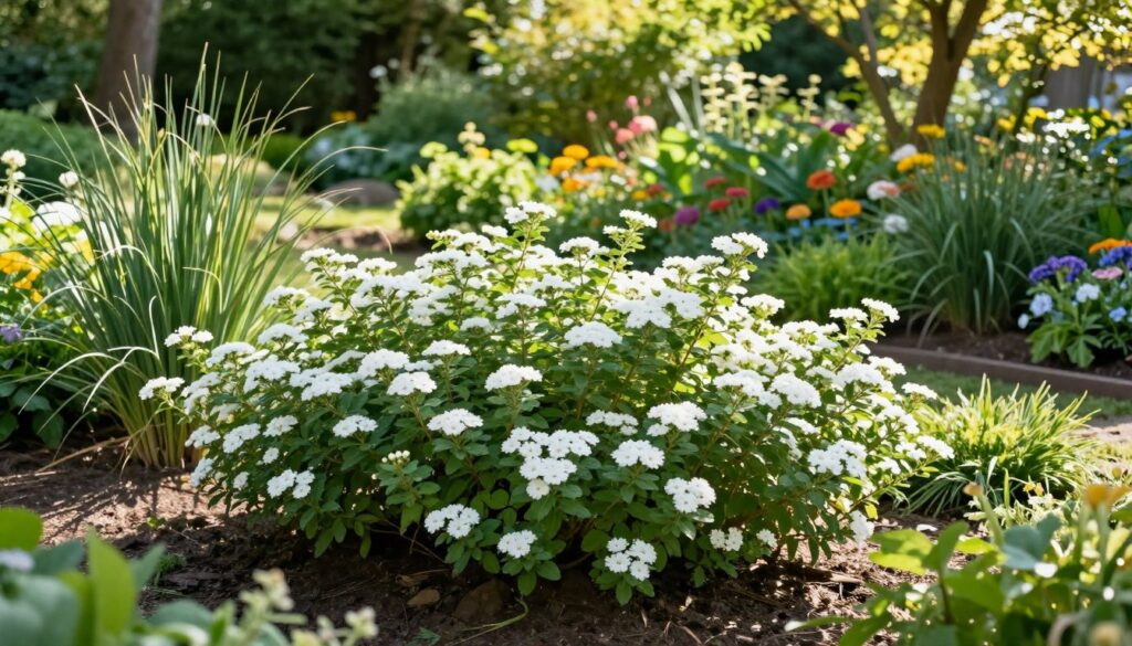 A serene garden setting showcasing Japanese spiraea (tawuła japońska) as the focal point. In the foreground, clusters of delicate, white flower clusters bloom gracefully on structured green foliage, casting soft shadows on the ground. The middle ground features a variety of companion plants, like ornamental grasses and colorful perennials, creating a light and decorative atmosphere. The background is a gentle blur of lush greenery, with dappled sunlight filtering through the leaves, casting a warm, inviting glow. Use a wide-angle lens to capture the garden's beauty, with bright, natural lighting to enhance color vibrancy. The mood is tranquil and harmonious, conveying the importance of suitable habitat conditions for healthy plant companionship. A serene garden setting showcasing Japanese spiraea (tawuła japońska) as the focal point. In the foreground, clusters of delicate, white flower clusters bloom gracefully on structured green foliage, casting soft shadows on the ground. The middle ground features a variety of companion plants, like ornamental grasses and colorful perennials, creating a light and decorative atmosphere. The background is a gentle blur of lush greenery, with dappled sunlight filtering through the leaves, casting a warm, inviting glow. Use a wide-angle lens to capture the garden's beauty, with bright, natural lighting to enhance color vibrancy. The mood is tranquil and harmonious, conveying the importance of suitable habitat conditions for healthy plant companionship.