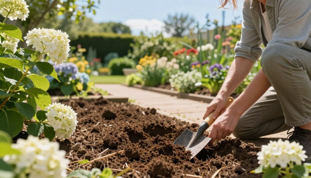 A serene garden setting showcasing the preparation for planting white hydrangeas. In the foreground, a gardener in modest casual clothing kneels beside a rich, well-aerated soil bed, holding a spade with freshly turned soil. Bright green leaves and vibrant white hydrangea flowers can be seen around the planting area. In the middle ground, a sun-drenched garden path leads toward neatly arranged flower beds, with a variety of flora suggesting a healthy garden environment. The background features soft, blurred trees under a clear blue sky, creating a tranquil and inviting atmosphere. Warm, golden sunlight enhances the earthy tones and highlights the scene, evoking a sense of growth and flourishing life. A serene garden setting showcasing the preparation for planting white hydrangeas. In the foreground, a gardener in modest casual clothing kneels beside a rich, well-aerated soil bed, holding a spade with freshly turned soil. Bright green leaves and vibrant white hydrangea flowers can be seen around the planting area. In the middle ground, a sun-drenched garden path leads toward neatly arranged flower beds, with a variety of flora suggesting a healthy garden environment. The background features soft, blurred trees under a clear blue sky, creating a tranquil and inviting atmosphere. Warm, golden sunlight enhances the earthy tones and highlights the scene, evoking a sense of growth and flourishing life.