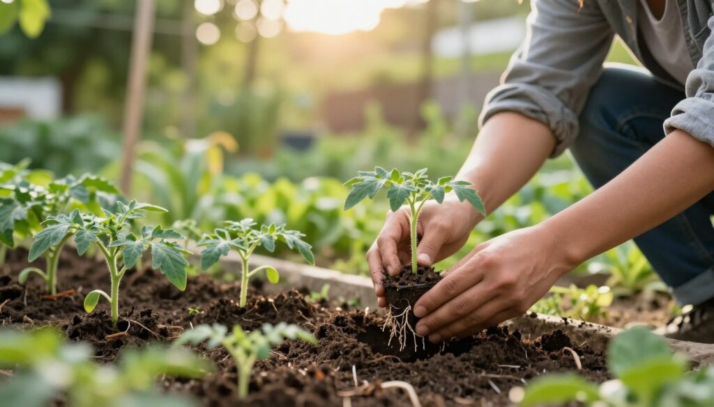 A serene gardening scene focused on the process of transplanting young tomato seedlings. In the foreground, a gardener in modest casual attire gently lifts a small tomato plant from a seed tray, showcasing the delicate roots. The middle ground features a vibrant vegetable garden with various tomato plants at different growth stages, emphasizing the importance of strong root systems. In the background, soft sunlight filters through leafy trees, creating a warm and inviting atmosphere. The image is captured with a shallow depth of field to focus on the transplanting process, while the surrounding greenery softly blurs. The mood is nurturing and calm, reflecting the care involved in nurturing healthy seedlings. A serene gardening scene focused on the process of transplanting young tomato seedlings. In the foreground, a gardener in modest casual attire gently lifts a small tomato plant from a seed tray, showcasing the delicate roots. The middle ground features a vibrant vegetable garden with various tomato plants at different growth stages, emphasizing the importance of strong root systems. In the background, soft sunlight filters through leafy trees, creating a warm and inviting atmosphere. The image is captured with a shallow depth of field to focus on the transplanting process, while the surrounding greenery softly blurs. The mood is nurturing and calm, reflecting the care involved in nurturing healthy seedlings.