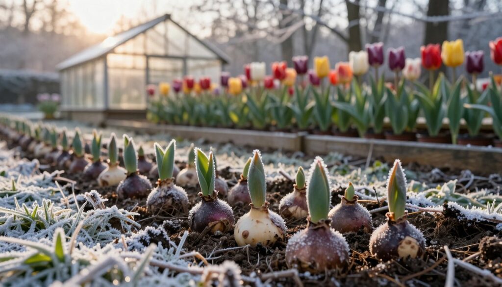 A serene winter scene depicting the ideal conditions for tulip bulbs to hibernate. In the foreground, visualize a cluster of tulip bulbs nestled in a layer of soft, frost-covered soil, with delicate frost crystals shimmering in the morning light. In the middle ground, there should be a warmly lit greenhouse, showcasing an organized arrangement of potted tulips, their vibrant colors muted under the winter light. The background features a softly blurred landscape of snow-laden trees, enhancing the tranquil winter atmosphere. The overall mood is calm and nurturing, with golden sunlight streaming through, creating dappled patterns on the ground. The composition captures the essence of winter care for tulips, emphasizing preparation for a vibrant spring bloom. A serene winter scene depicting the ideal conditions for tulip bulbs to hibernate. In the foreground, visualize a cluster of tulip bulbs nestled in a layer of soft, frost-covered soil, with delicate frost crystals shimmering in the morning light. In the middle ground, there should be a warmly lit greenhouse, showcasing an organized arrangement of potted tulips, their vibrant colors muted under the winter light. The background features a softly blurred landscape of snow-laden trees, enhancing the tranquil winter atmosphere. The overall mood is calm and nurturing, with golden sunlight streaming through, creating dappled patterns on the ground. The composition captures the essence of winter care for tulips, emphasizing preparation for a vibrant spring bloom.