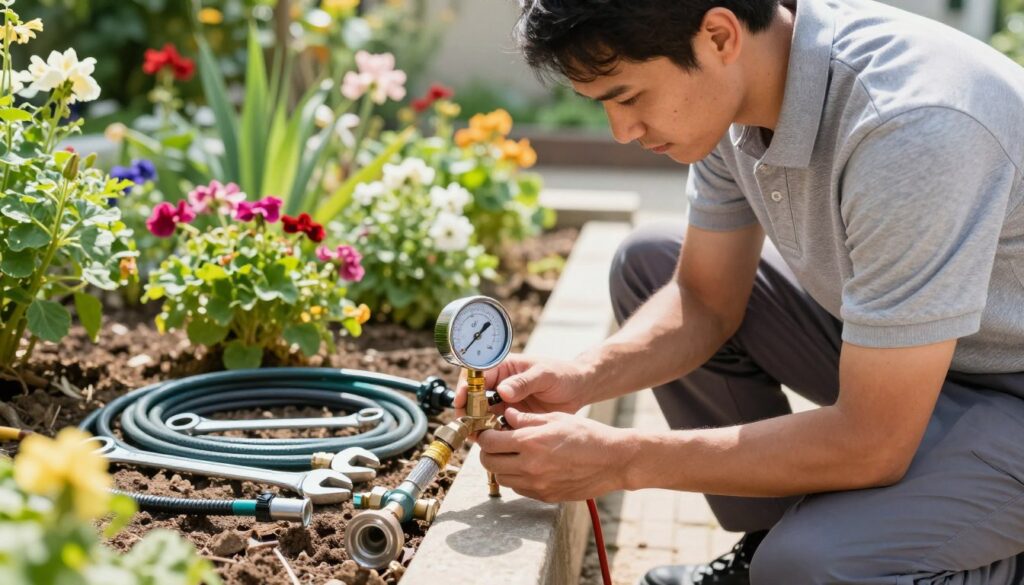 A technical scene focusing on diagnosing plumbing issues in a garden setting. The foreground features a professional-looking technician, dressed in a modest polo shirt and trousers, examining a water pressure gauge connected to a garden irrigation system. The middle ground includes various tools and equipment laid out neatly, such as wrenches and plumbing snakes, with water pipes visible. The background showcases a lush garden with vibrant flowers and green plants under bright, natural sunlight, highlighting the importance of proper water pressure in gardening. The mood is one of determination and expertise, with clear lighting emphasizing the details of the equipment and technician’s focused expression. The angle is slightly elevated, giving a comprehensive view of the setup and the technician at work. A technical scene focusing on diagnosing plumbing issues in a garden setting. The foreground features a professional-looking technician, dressed in a modest polo shirt and trousers, examining a water pressure gauge connected to a garden irrigation system. The middle ground includes various tools and equipment laid out neatly, such as wrenches and plumbing snakes, with water pipes visible. The background showcases a lush garden with vibrant flowers and green plants under bright, natural sunlight, highlighting the importance of proper water pressure in gardening. The mood is one of determination and expertise, with clear lighting emphasizing the details of the equipment and technician’s focused expression. The angle is slightly elevated, giving a comprehensive view of the setup and the technician at work.