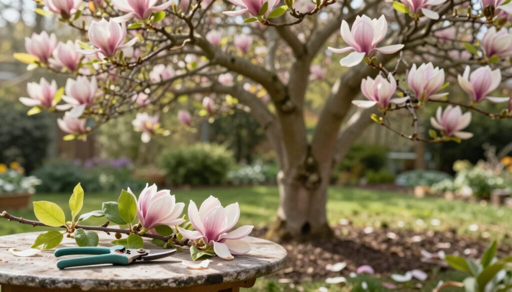 A tranquil garden scene showcasing the rejuvenation of an older magnolia tree. In the foreground, several pruning shears are resting on a well-worn garden table beside freshly cut branches, their delicate pink and white blooms contrasting with lush green leaves. The middle ground features the magnificent magnolia tree, its branches artistically shaped, displaying vibrant blossoms ready for spring, while some fallen petals lie on the soft soil below. The background is softly blurred, with hints of other garden foliage and sunlight streaming through the leaves, creating a warm and inviting atmosphere. Soft shadows enhance the dreamy quality, captured with a shallow depth of field, evoking a sense of care and attention in nurturing this cherished botanical specimen. A tranquil garden scene showcasing the rejuvenation of an older magnolia tree. In the foreground, several pruning shears are resting on a well-worn garden table beside freshly cut branches, their delicate pink and white blooms contrasting with lush green leaves. The middle ground features the magnificent magnolia tree, its branches artistically shaped, displaying vibrant blossoms ready for spring, while some fallen petals lie on the soft soil below. The background is softly blurred, with hints of other garden foliage and sunlight streaming through the leaves, creating a warm and inviting atmosphere. Soft shadows enhance the dreamy quality, captured with a shallow depth of field, evoking a sense of care and attention in nurturing this cherished botanical specimen.
