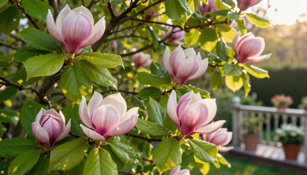 A vibrant and detailed close-up of a magnolia tree basking in sunlight, showcasing its lush green leaves and magnificent pink and white blossoms. The foreground features delicate flowers in varying stages of bloom, with hints of dew glistening on their petals. The middle ground displays thick, glossy leaves that filter soft sunlight, creating a serene glow. In the background, a soft-focus garden scene adds depth, emphasizing a well-tended balcony with potted plants basking in the sun. Capture a warm, inviting atmosphere with golden hour lighting to enhance the beauty of the magnolia. The image should evoke a sense of calm and appreciation for nature’s beauty, suggesting an ideal setting for compact, decorative magnolias. A vibrant and detailed close-up of a magnolia tree basking in sunlight, showcasing its lush green leaves and magnificent pink and white blossoms. The foreground features delicate flowers in varying stages of bloom, with hints of dew glistening on their petals. The middle ground displays thick, glossy leaves that filter soft sunlight, creating a serene glow. In the background, a soft-focus garden scene adds depth, emphasizing a well-tended balcony with potted plants basking in the sun. Capture a warm, inviting atmosphere with golden hour lighting to enhance the beauty of the magnolia. The image should evoke a sense of calm and appreciation for nature’s beauty, suggesting an ideal setting for compact, decorative magnolias.
