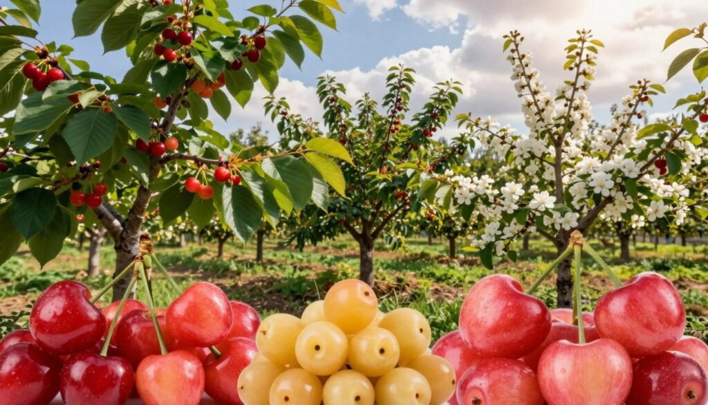 A vibrant and detailed depiction of various cherry varieties in a lush garden setting. In the foreground, showcase a diverse array of cherry fruits, including sweet red, tart yellow, and bright pink cherries, neatly arranged to emphasize their differences. In the middle ground, feature healthy cherry trees with green leaves, some laden with fruit and others in bloom, illustrating the different stages of growth. The background should depict a sunny sky with soft, fluffy clouds, casting gentle, warm light on the scene. Use a DSLR-like focus that sharpens the cherries while slightly blurring the background, creating a serene and informative atmosphere ideal for illustrating cherry varieties. A vibrant and detailed depiction of various cherry varieties in a lush garden setting. In the foreground, showcase a diverse array of cherry fruits, including sweet red, tart yellow, and bright pink cherries, neatly arranged to emphasize their differences. In the middle ground, feature healthy cherry trees with green leaves, some laden with fruit and others in bloom, illustrating the different stages of growth. The background should depict a sunny sky with soft, fluffy clouds, casting gentle, warm light on the scene. Use a DSLR-like focus that sharpens the cherries while slightly blurring the background, creating a serene and informative atmosphere ideal for illustrating cherry varieties.