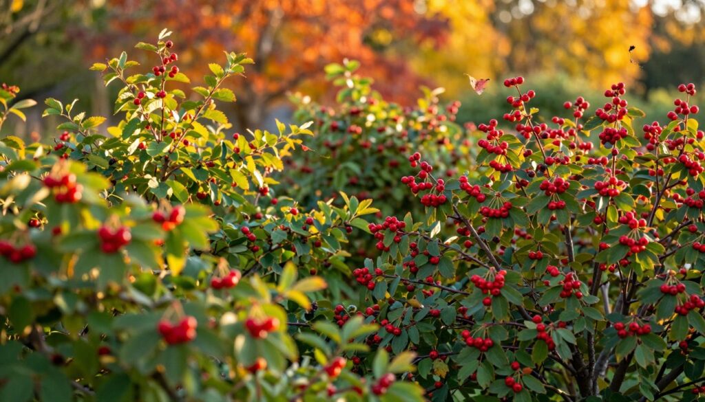 A vibrant autumn garden scene featuring an array of bushes adorned with clusters of red fruits, such as dogwoods, hawthorn, and currant plants. In the foreground, realistic close-ups of glossy red berries contrast against lush green leaves, catching the warm sunlight. The middle ground showcases a variety of these bushes, highlighting the textures of their branches and the ripeness of the fruits, with a gentle breeze causing a few leaves to flutter. In the background, soft, blurred hues of orange and yellow foliage suggest the fall season, with a soft-focus effect creating depth. The lighting is golden and warm, evoking a cozy and inviting atmosphere, perfect for showcasing these colorful shrubs in a serene garden setting. A vibrant autumn garden scene featuring an array of bushes adorned with clusters of red fruits, such as dogwoods, hawthorn, and currant plants. In the foreground, realistic close-ups of glossy red berries contrast against lush green leaves, catching the warm sunlight. The middle ground showcases a variety of these bushes, highlighting the textures of their branches and the ripeness of the fruits, with a gentle breeze causing a few leaves to flutter. In the background, soft, blurred hues of orange and yellow foliage suggest the fall season, with a soft-focus effect creating depth. The lighting is golden and warm, evoking a cozy and inviting atmosphere, perfect for showcasing these colorful shrubs in a serene garden setting.