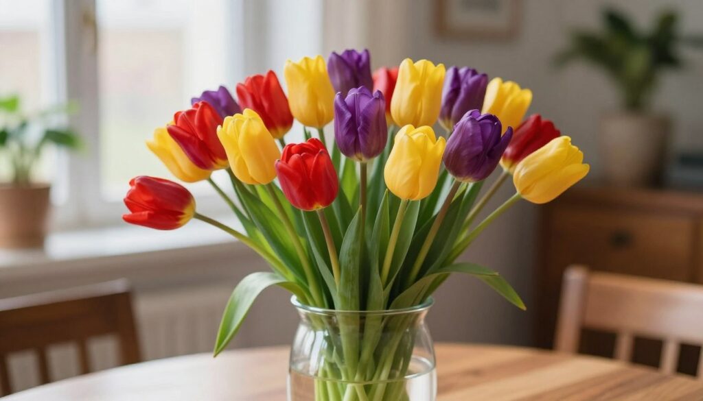 A vibrant bouquet of tulips in a clear glass vase, showcasing a variety of colors including red, yellow, and purple. The bouquet is fresh and lush, with some petals slightly open and others still in bud form, emphasizing their vitality. The vase sits on a wooden table, with a soft, natural light illuminating the scene from a nearby window, creating gentle highlights and subtle reflections on the glass. In the background, a blurred living room setting suggests warmth and comfort, with hints of greenery from potted plants. The overall atmosphere is bright and inviting, evoking a sense of freshness and life. The focus is sharp on the tulips, with a shallow depth of field to create an engaging composition. A vibrant bouquet of tulips in a clear glass vase, showcasing a variety of colors including red, yellow, and purple. The bouquet is fresh and lush, with some petals slightly open and others still in bud form, emphasizing their vitality. The vase sits on a wooden table, with a soft, natural light illuminating the scene from a nearby window, creating gentle highlights and subtle reflections on the glass. In the background, a blurred living room setting suggests warmth and comfort, with hints of greenery from potted plants. The overall atmosphere is bright and inviting, evoking a sense of freshness and life. The focus is sharp on the tulips, with a shallow depth of field to create an engaging composition.